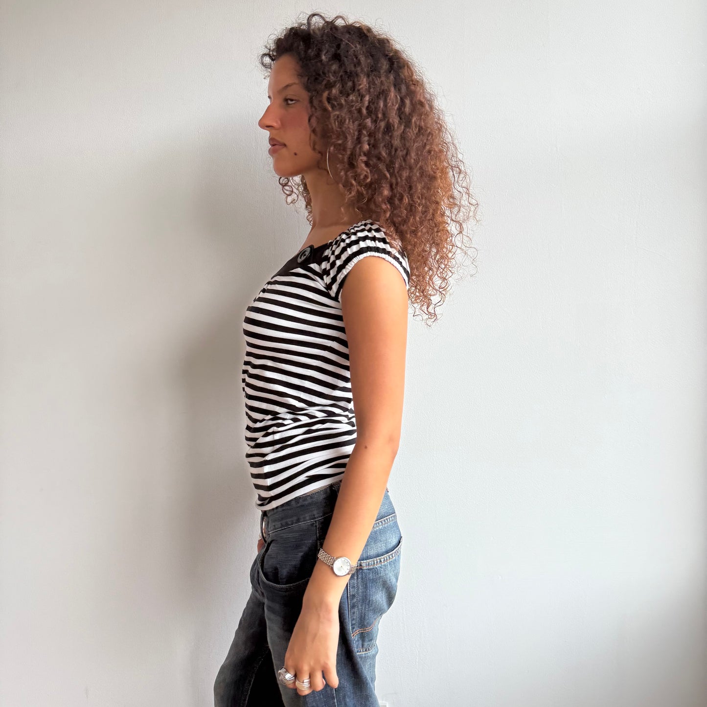 Black + white stripe button top - Size S , S/M + M