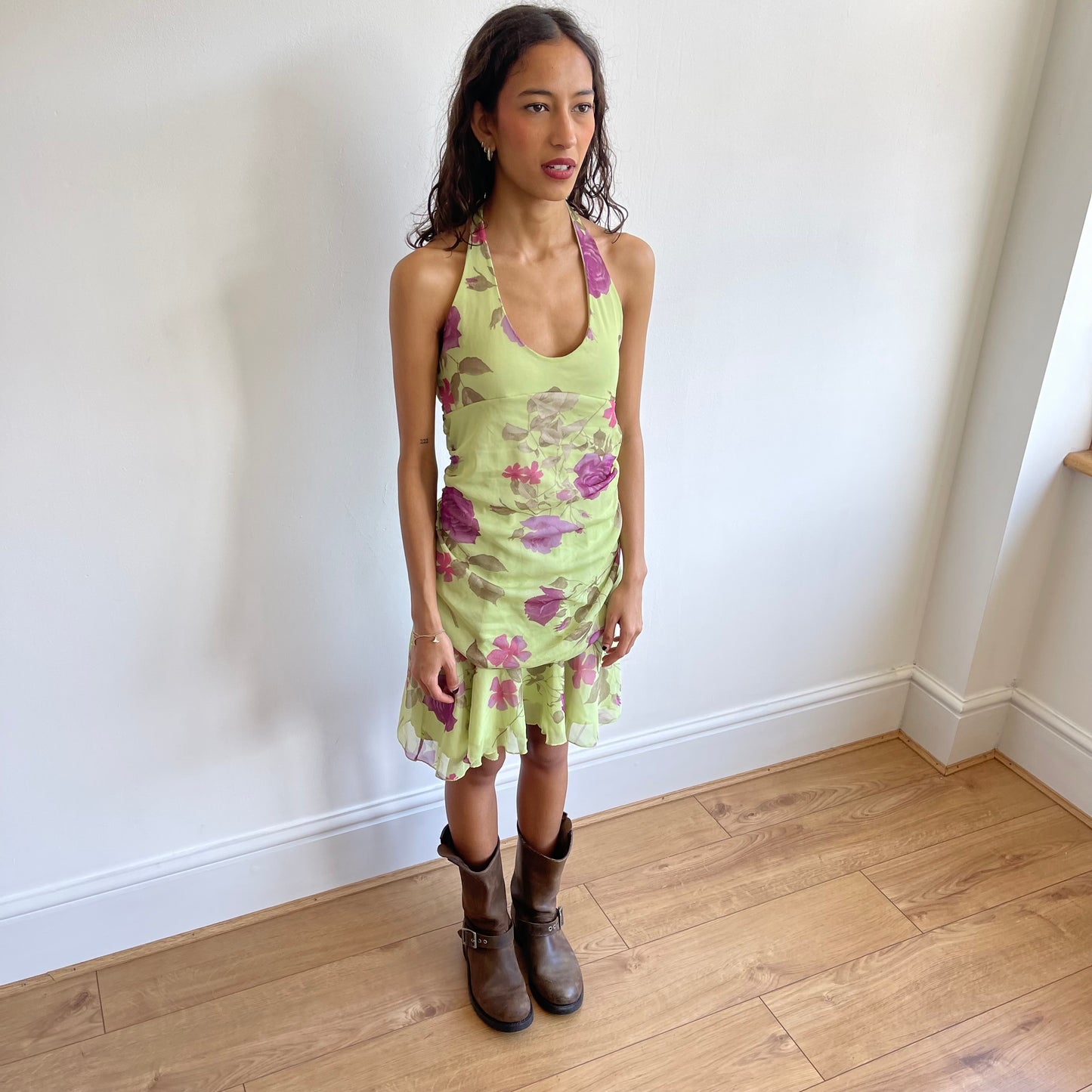 Green floral mesh halter dress - Size S