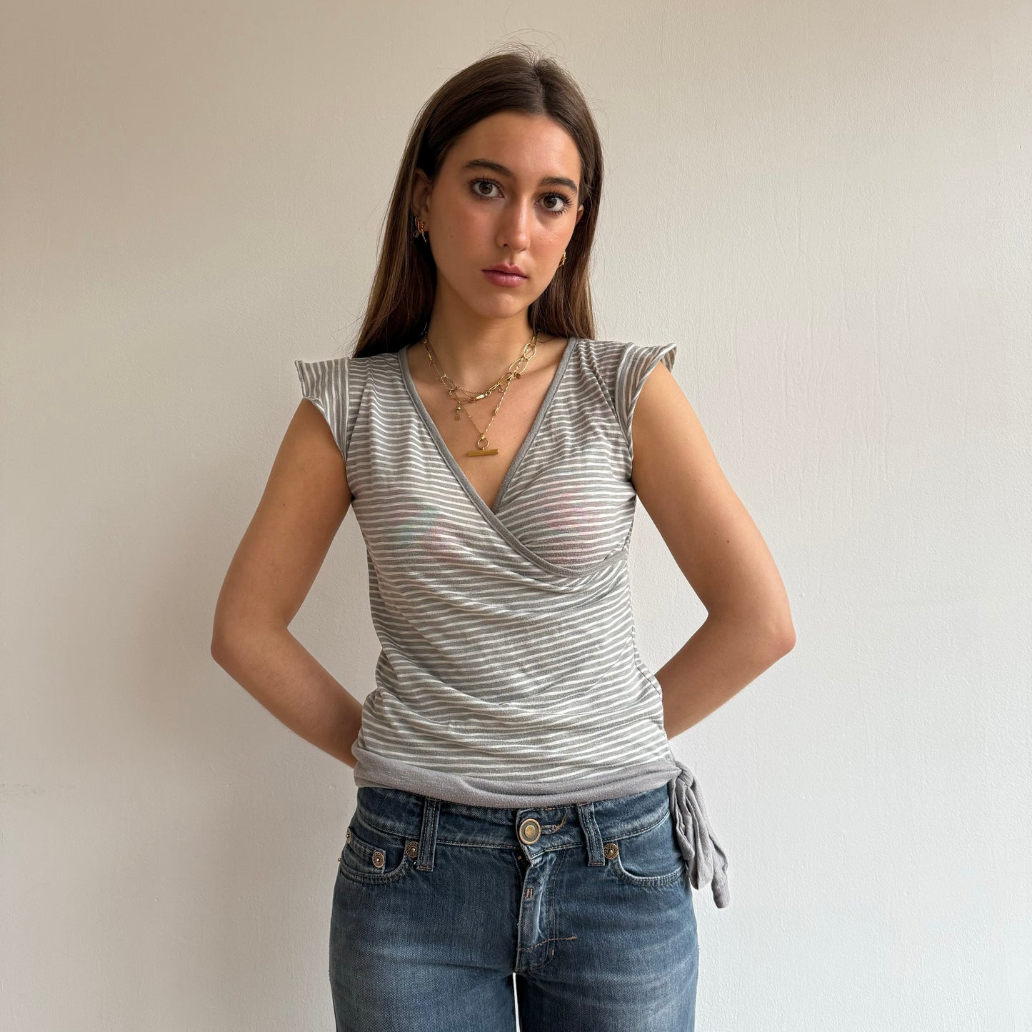 Grey and white stripe wrap top - Size S