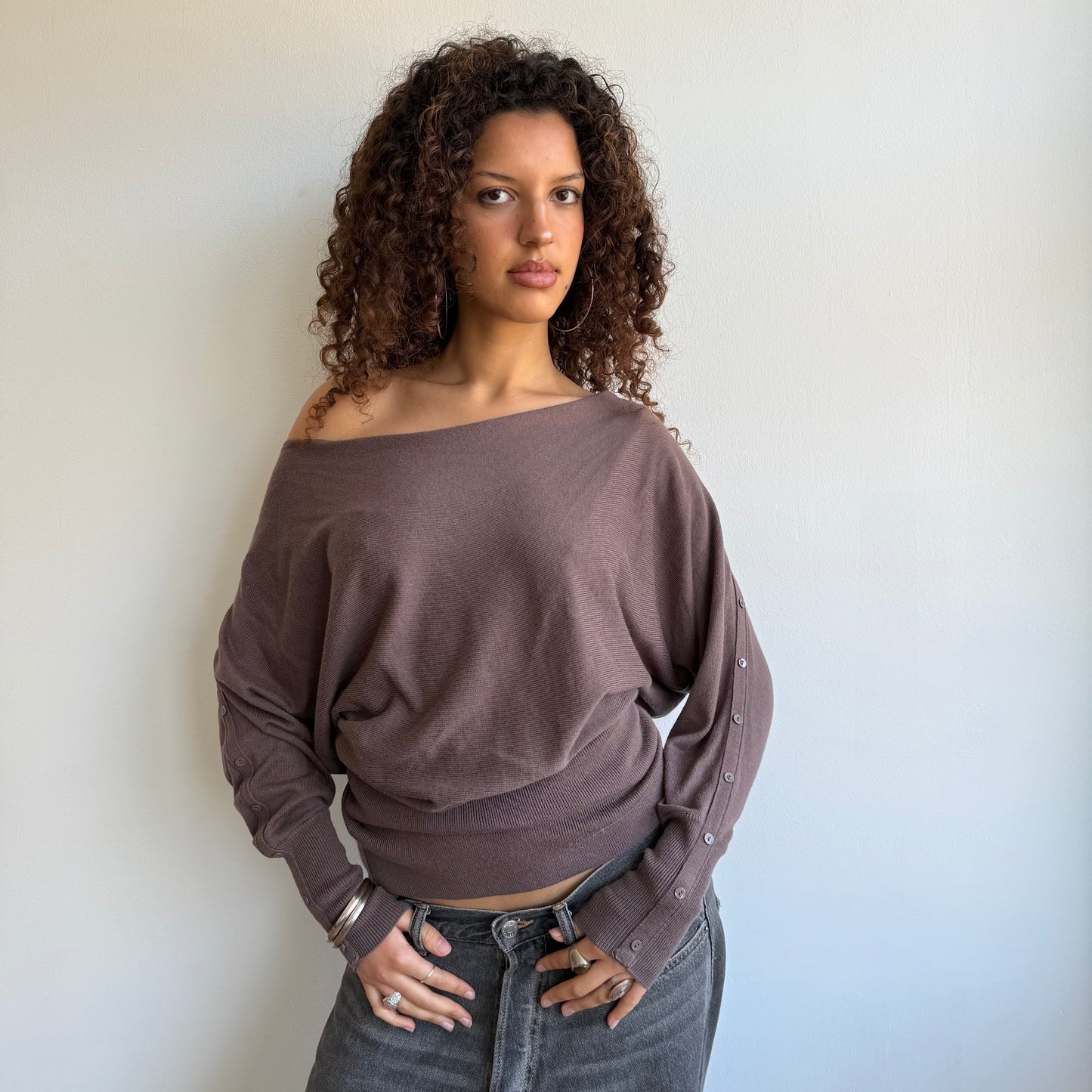 Brown slouchy button arm knit - Size S/M
