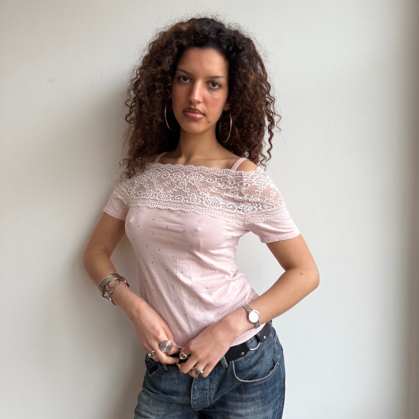 Pink lace Bardot top - Size M