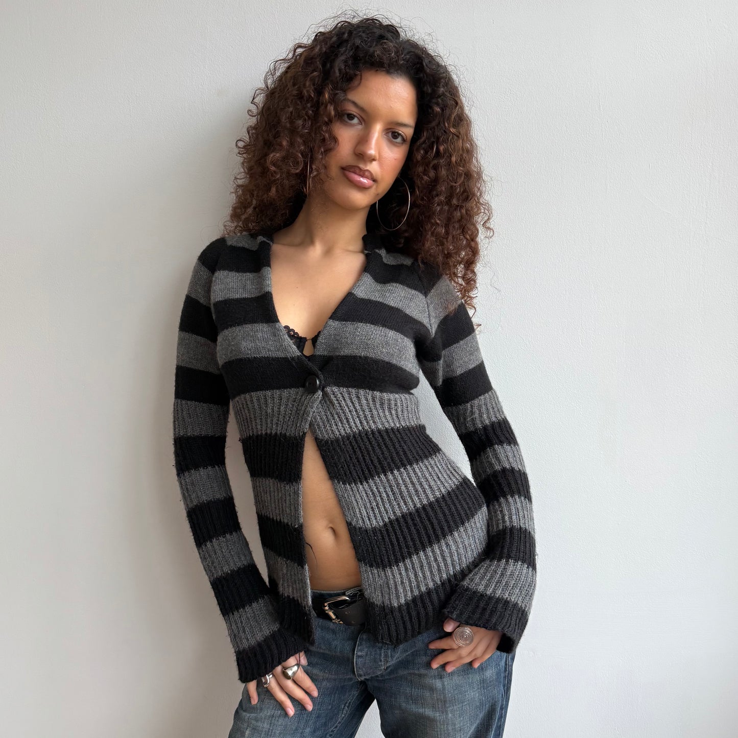 Black + grey striped cardi - Size M