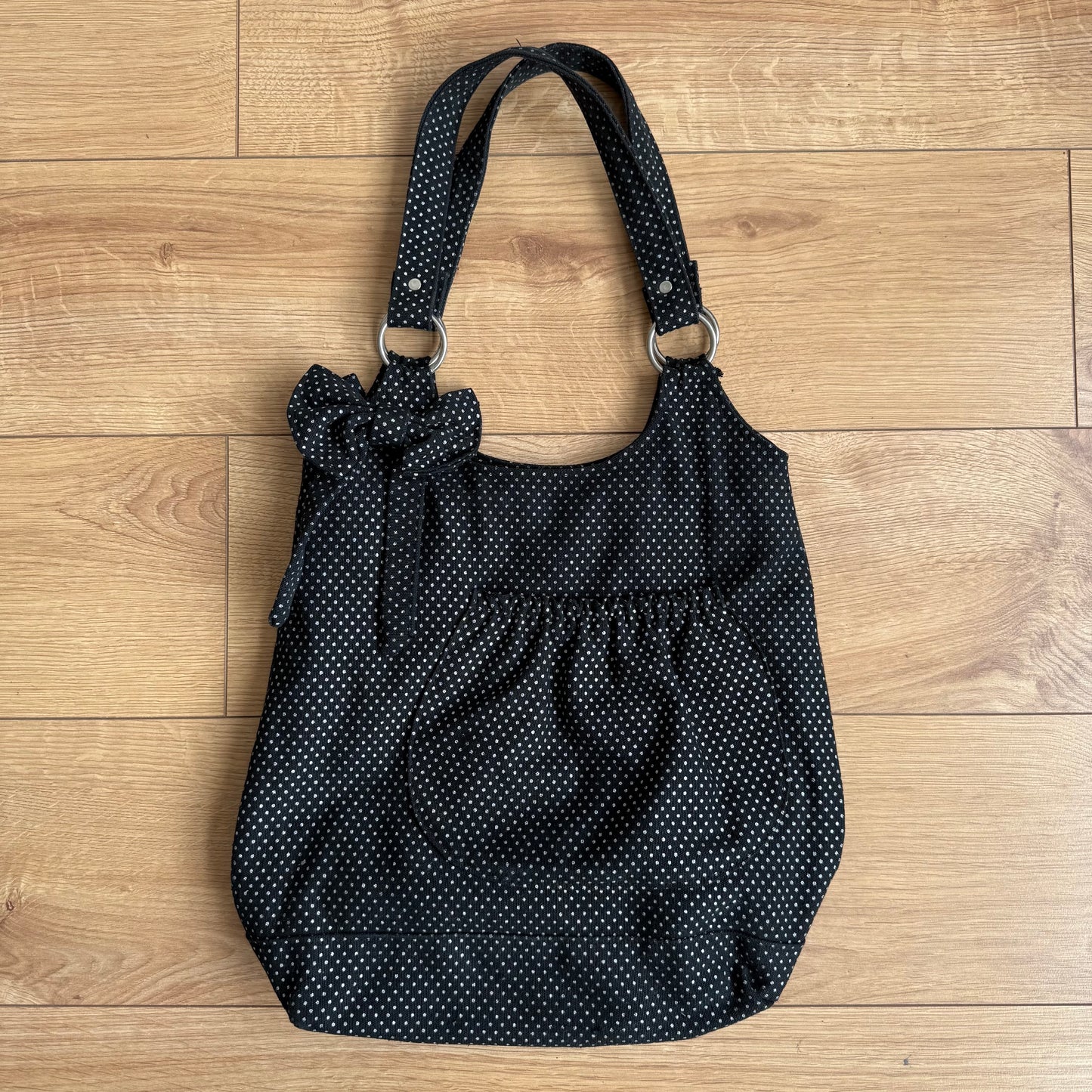 Black polka dot tote bag