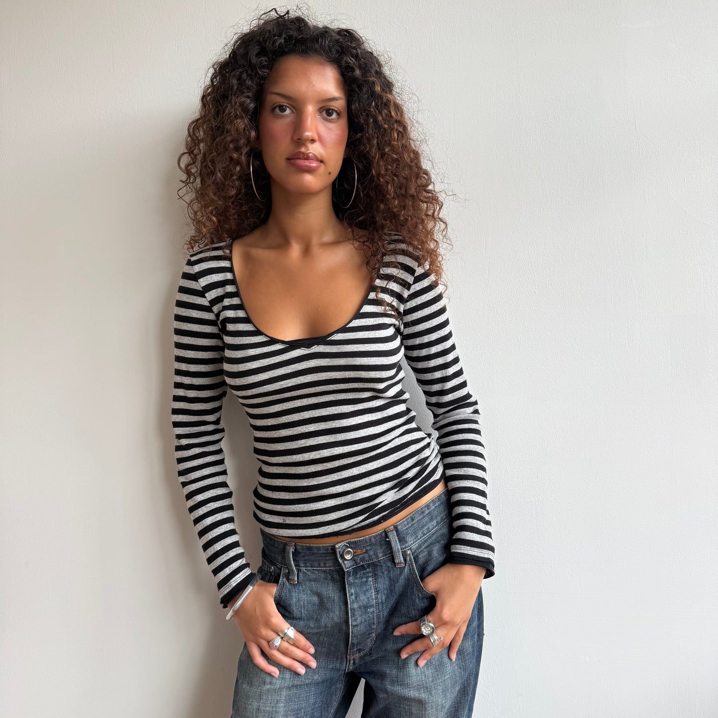Black and grey long sleeve stripe top - S