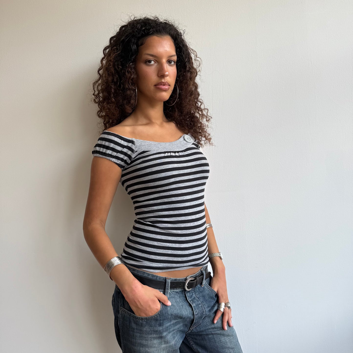 Grey stripe button top - Size XS + S + M