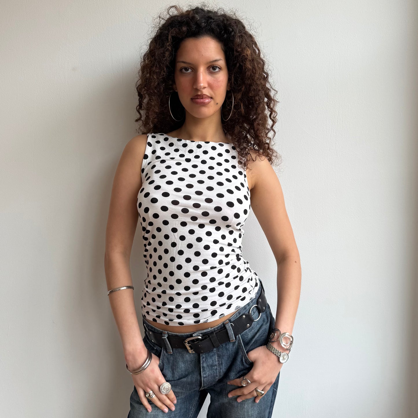 White polka dot top - Size S + L