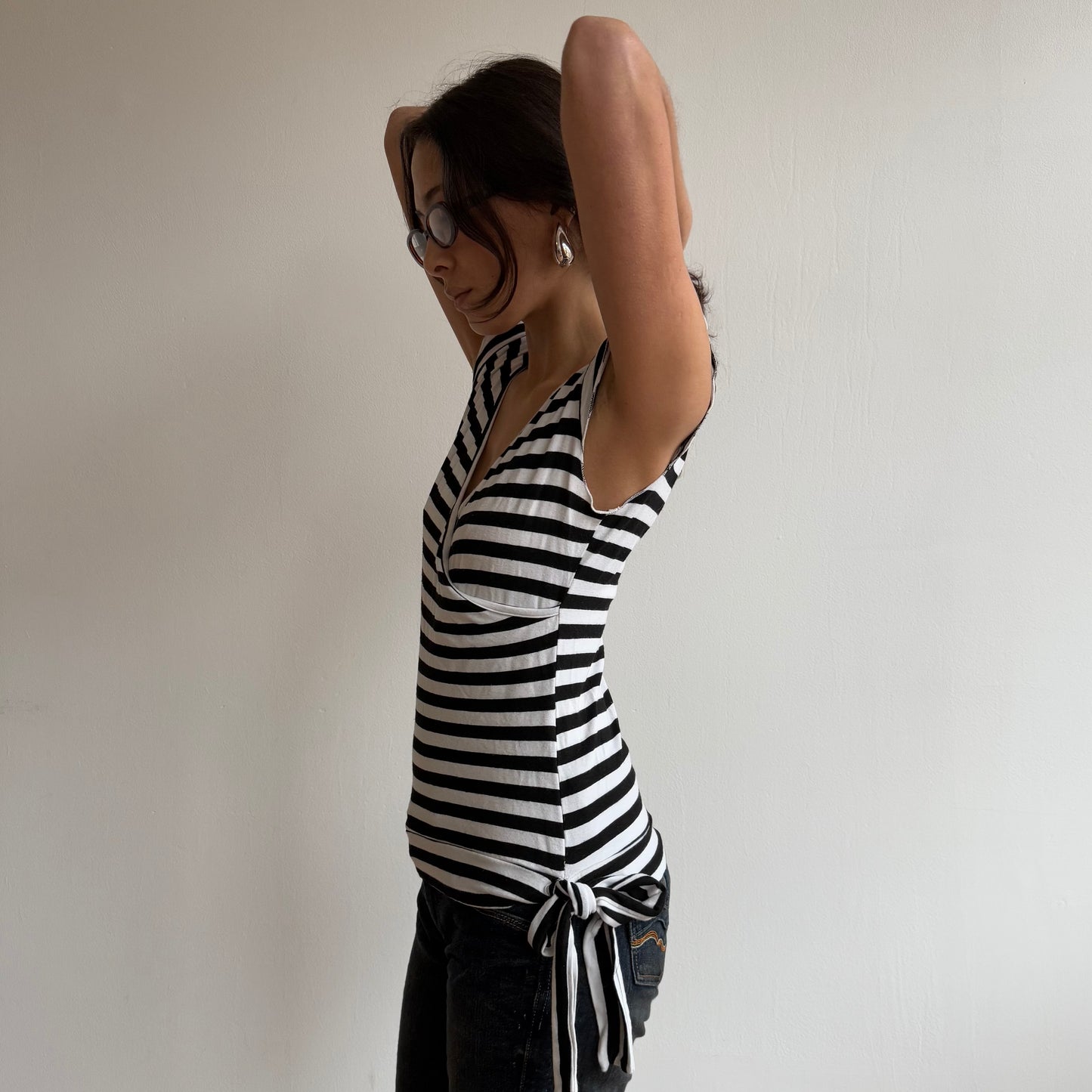 Black striped wrap short sleeve top - Size S