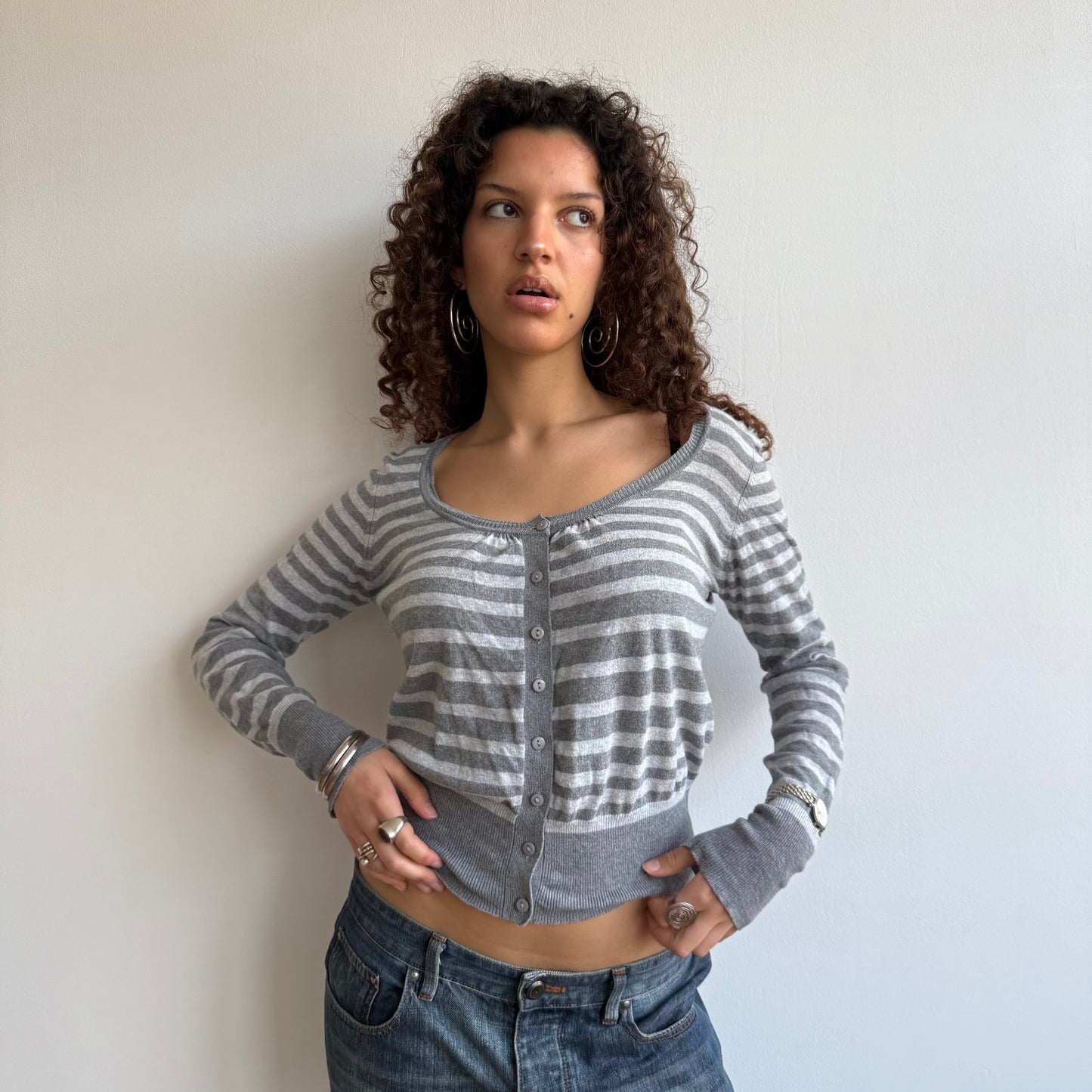 Light grey striped cardi - Size M