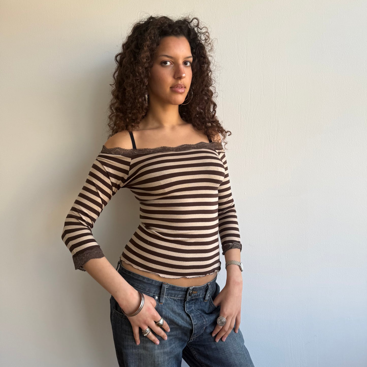 Beige striped Bardot top - Size S