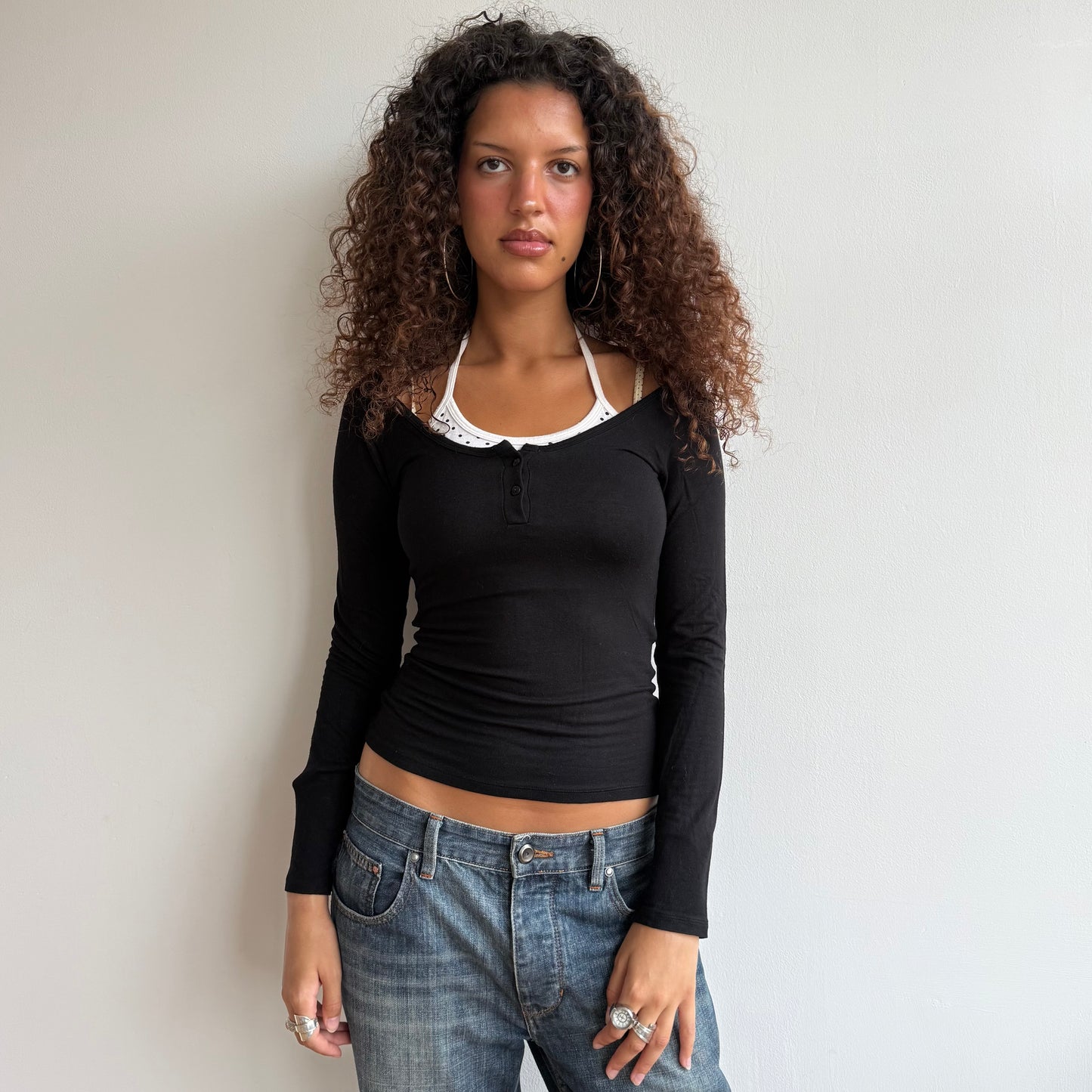 Black + white polka dot halter top - Size S