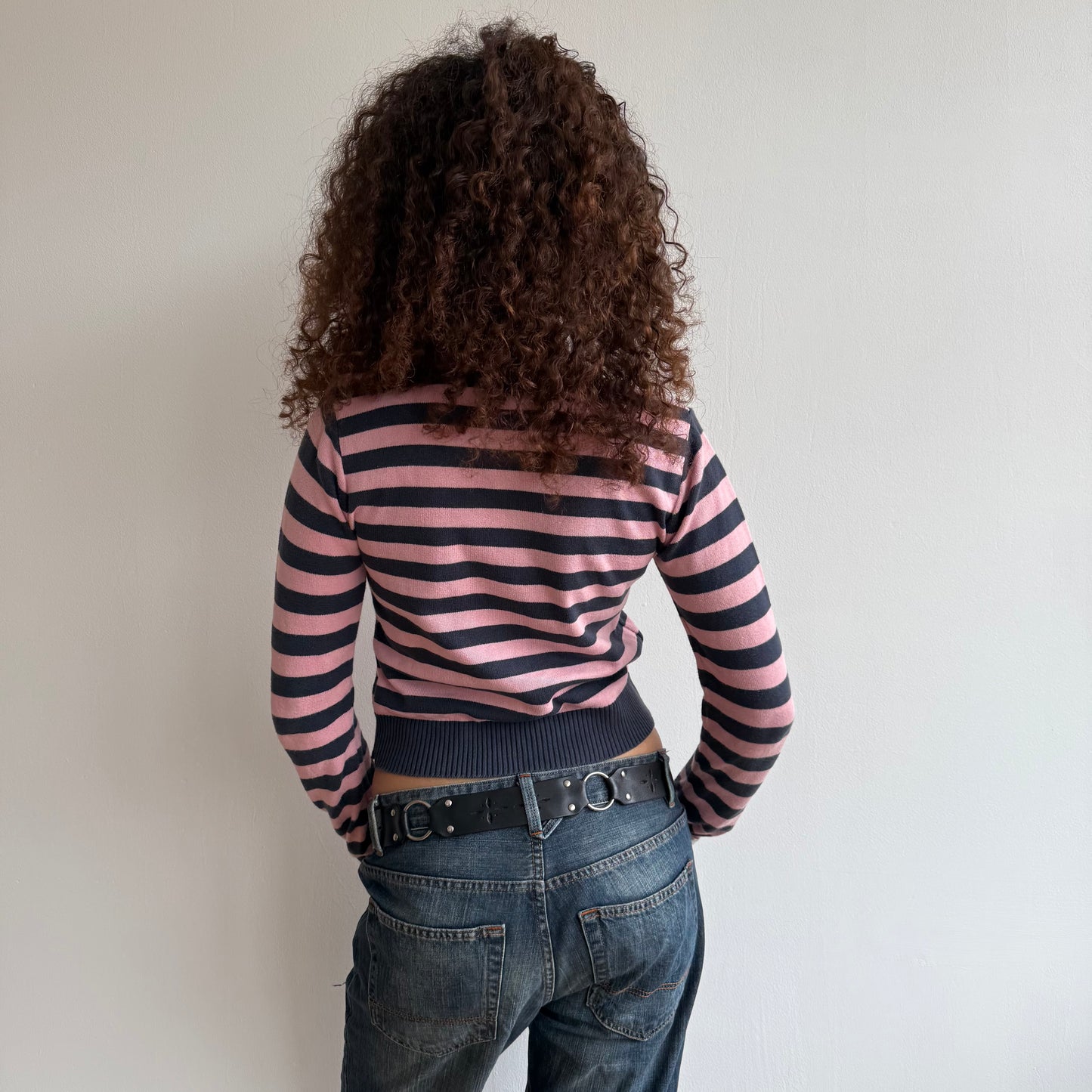 Pink + navy striped cardi - Size M