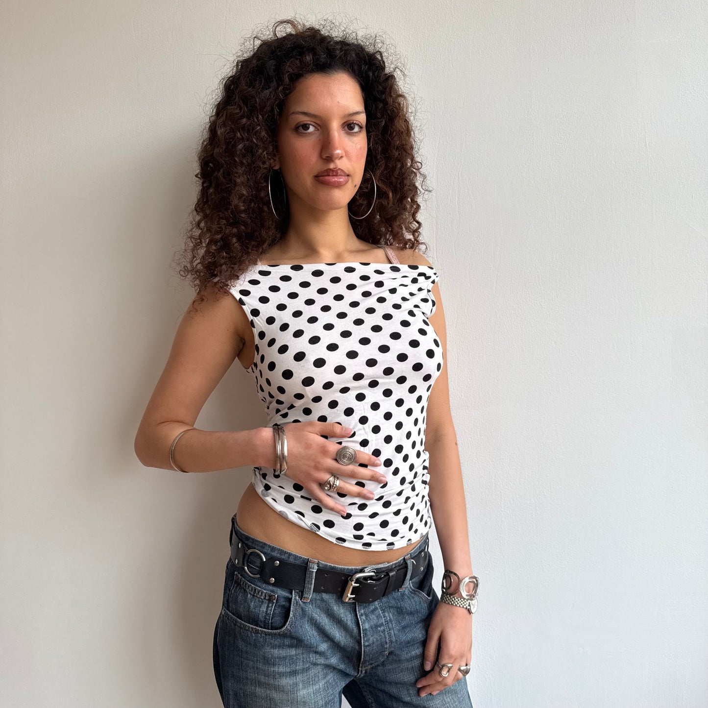 White polka dot top - Size S + L