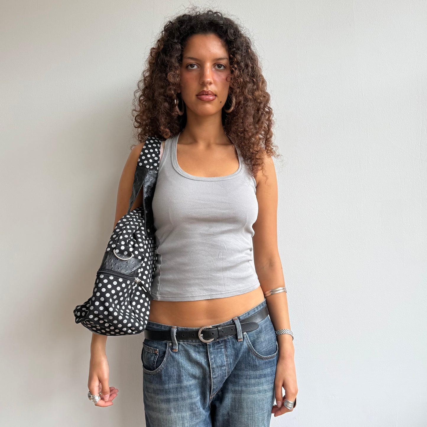 Black polka dot bowling bag