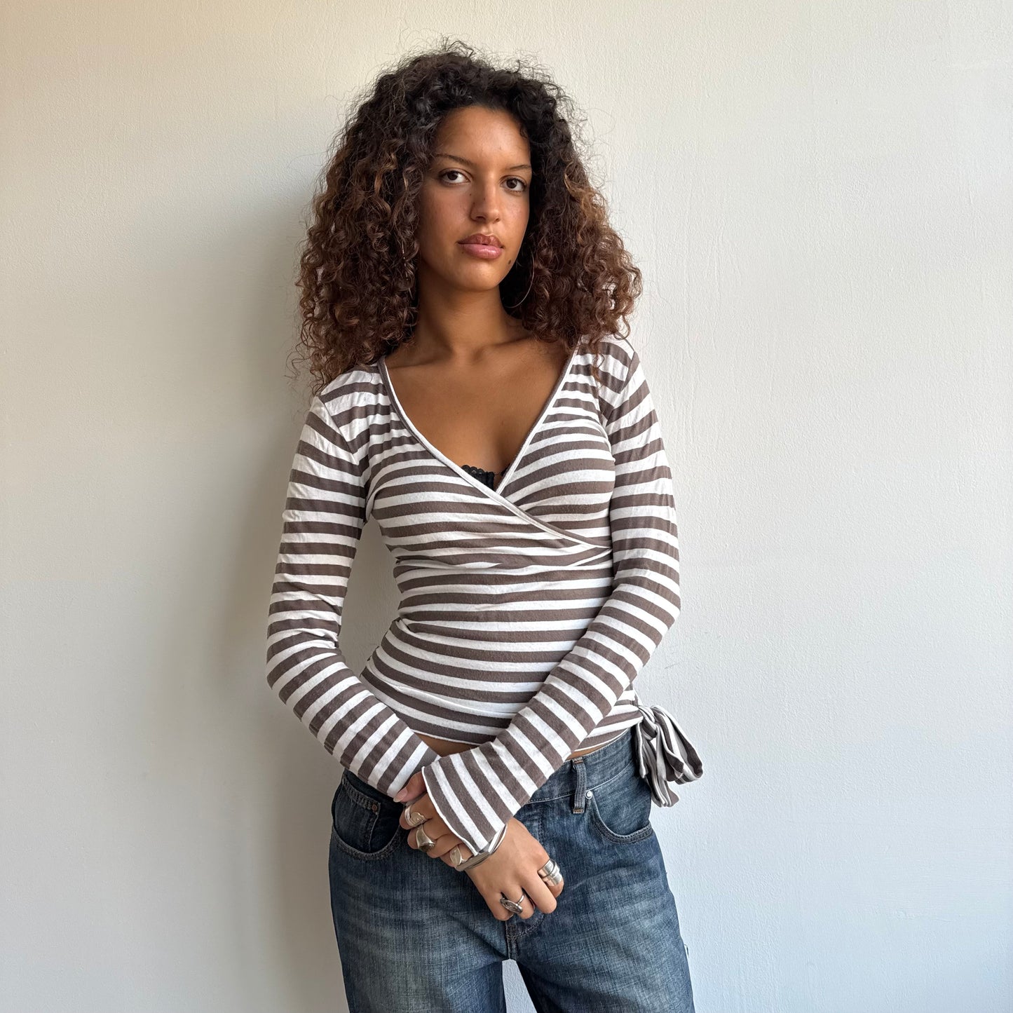 Brown and white striped wrap top - Size S/M