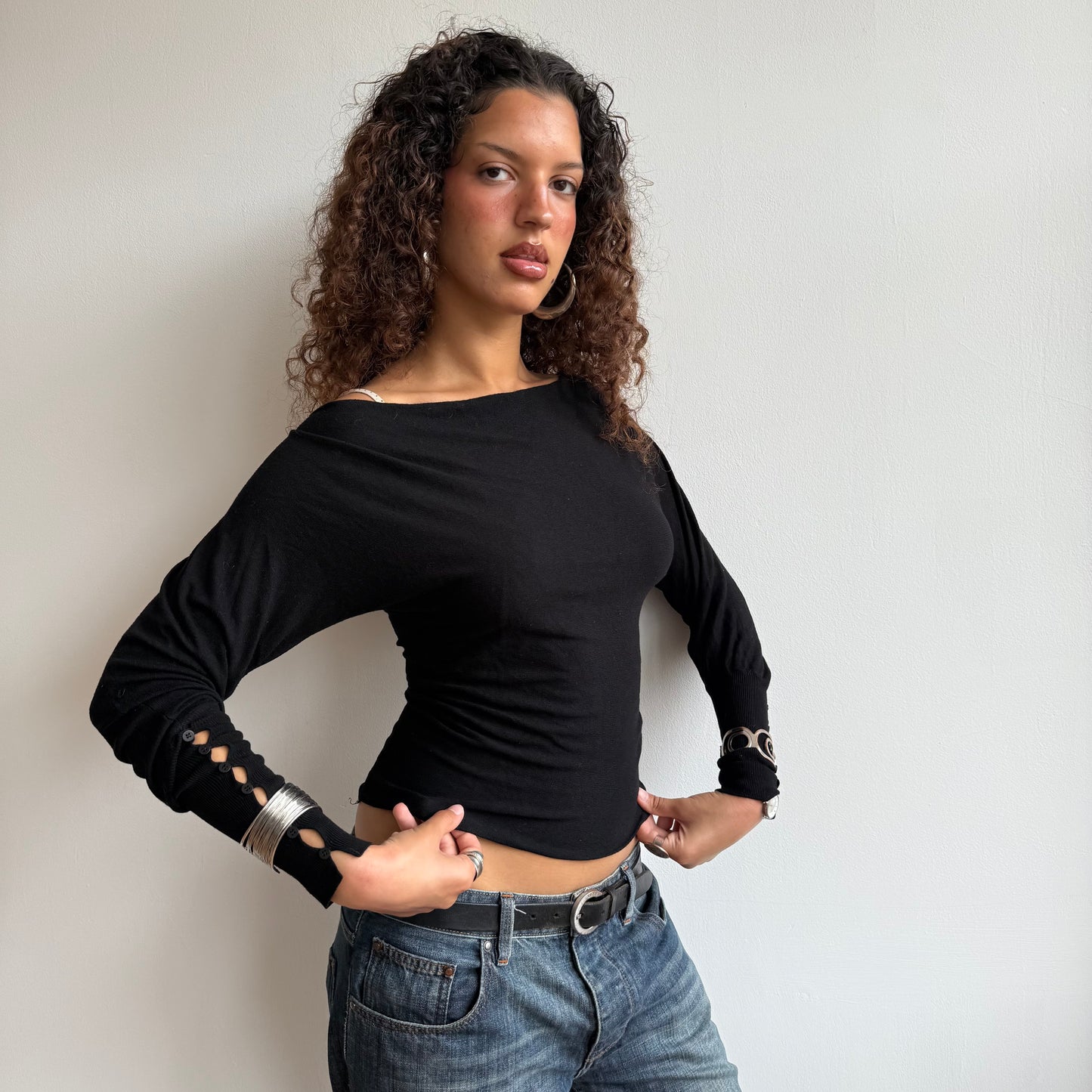 Black slouchy button jumper - Size S