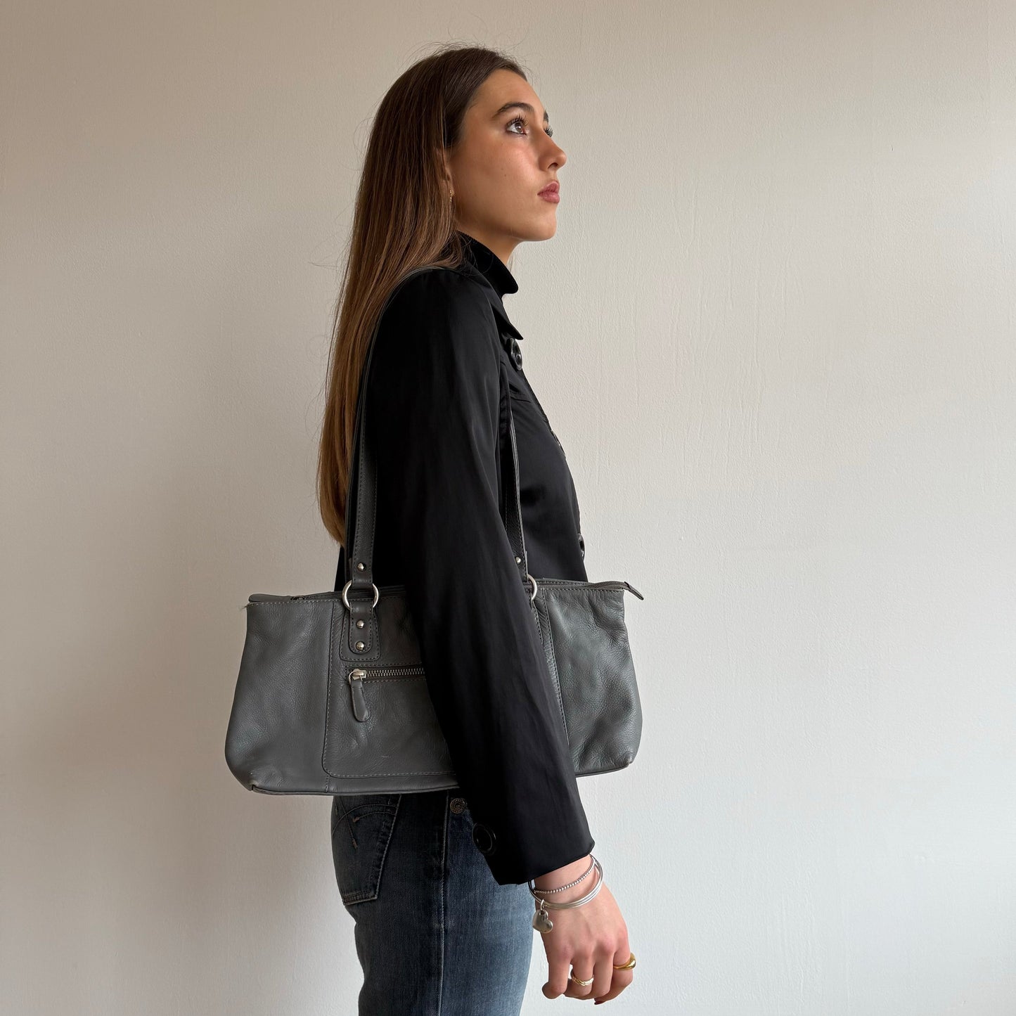 Grey leather baguette bag