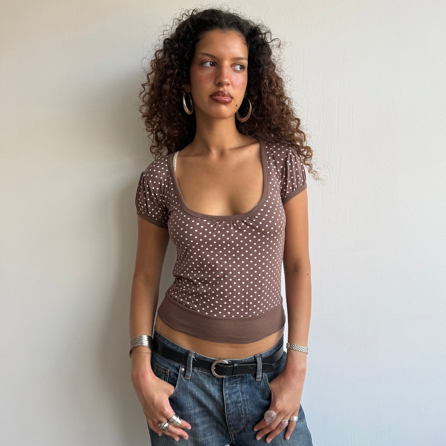 Brown polka dot keyhole top - Size S