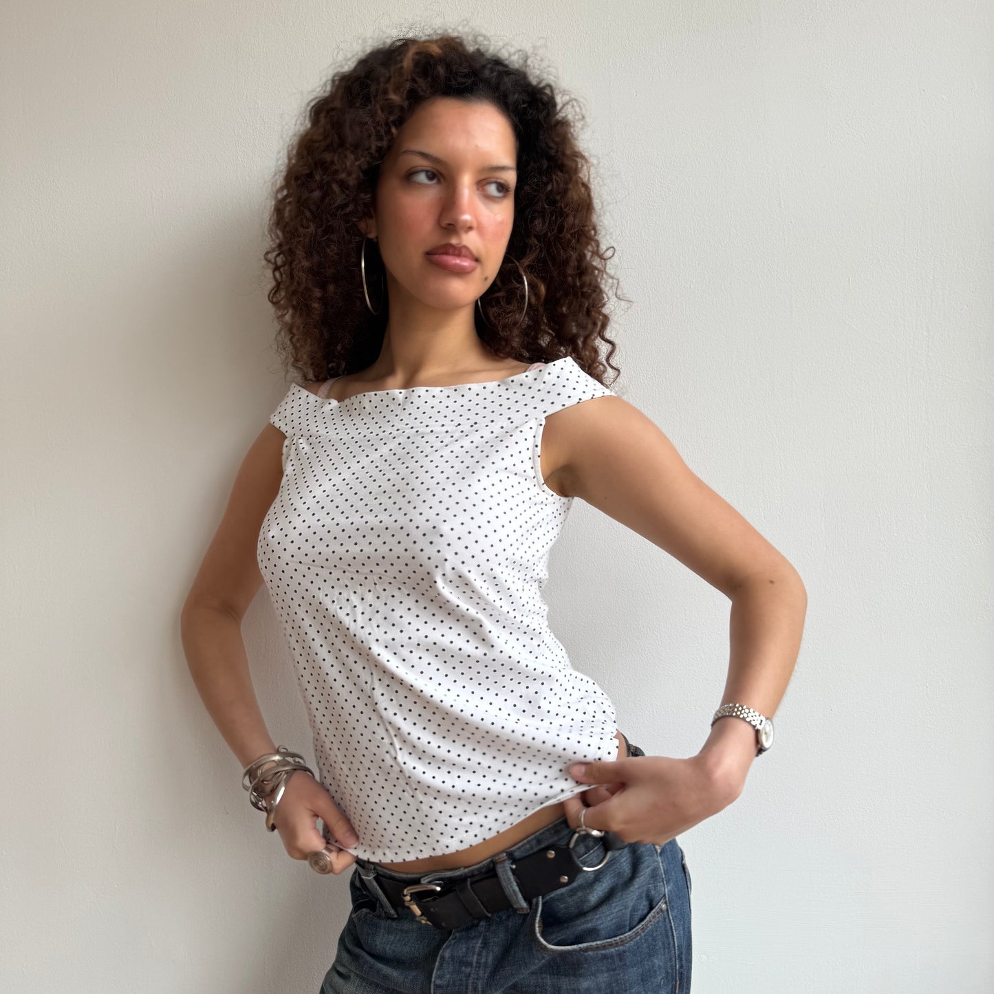 White polka dot Bardot top - Size S + L