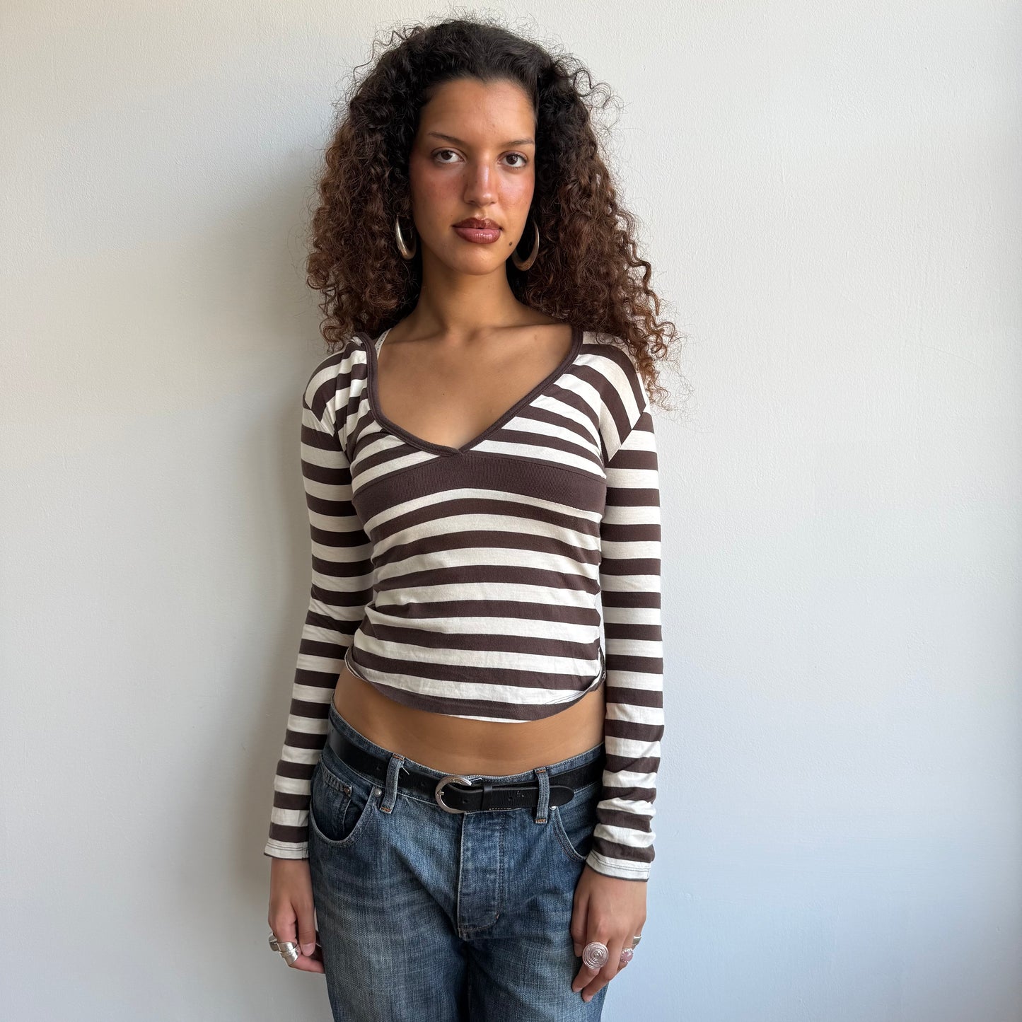 Brown + white striped hooded top - Size S