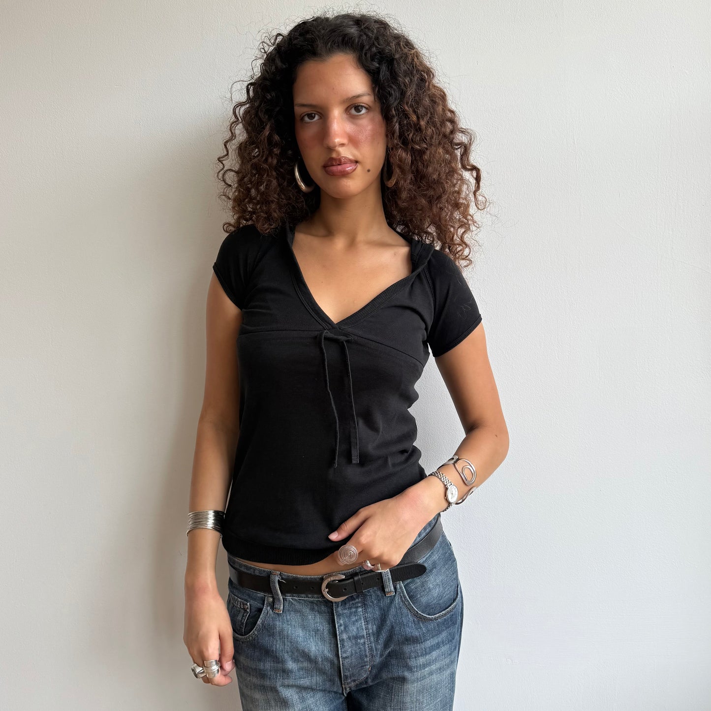 Black hooded t-shirt top - Size S