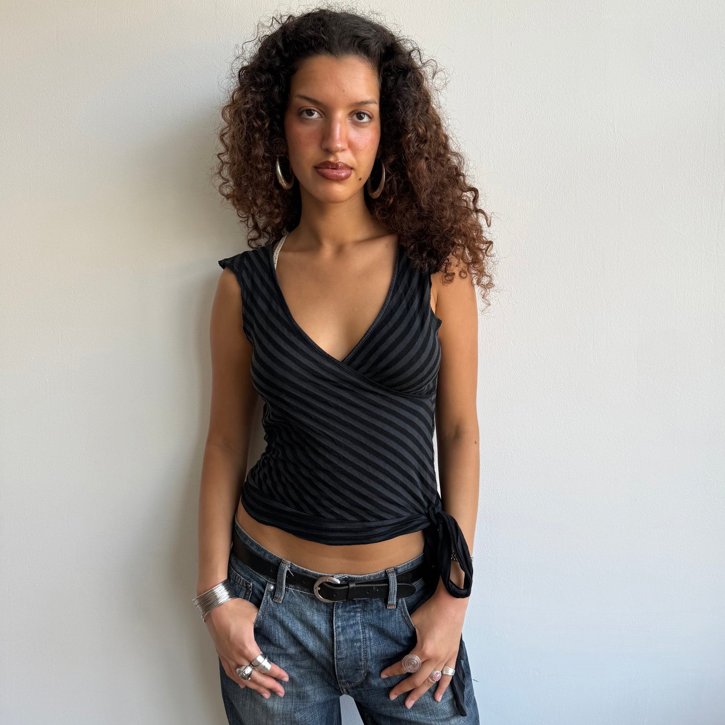 Black and grey striped wrap top - Size S