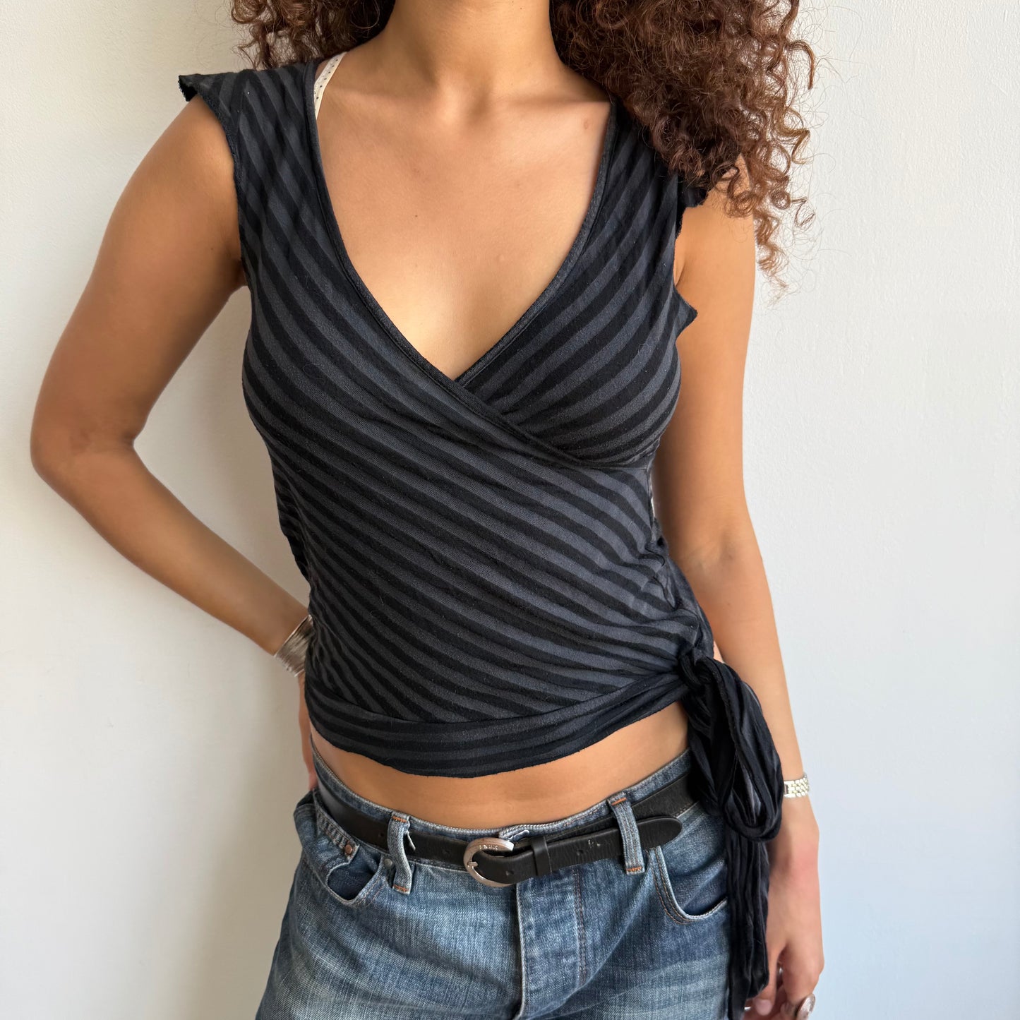 Black and grey striped wrap top - Size S