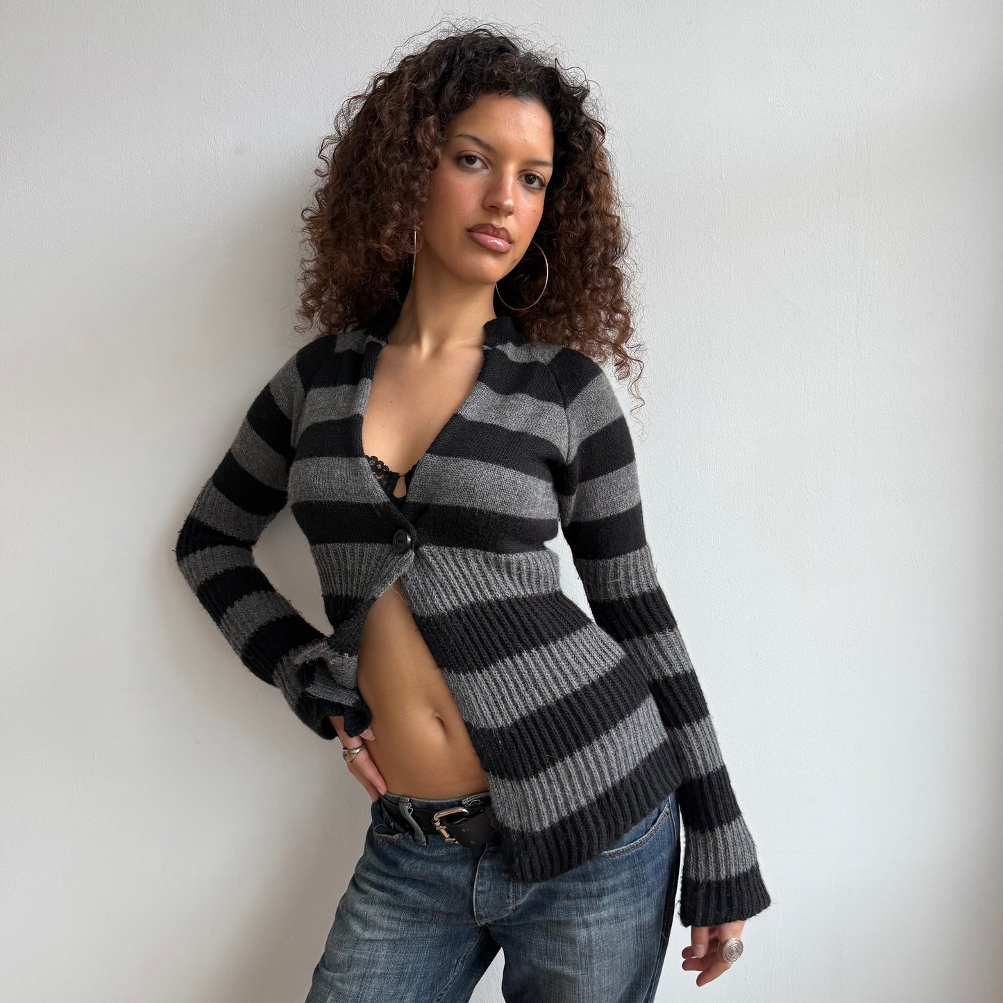 Black + grey striped cardi - Size M