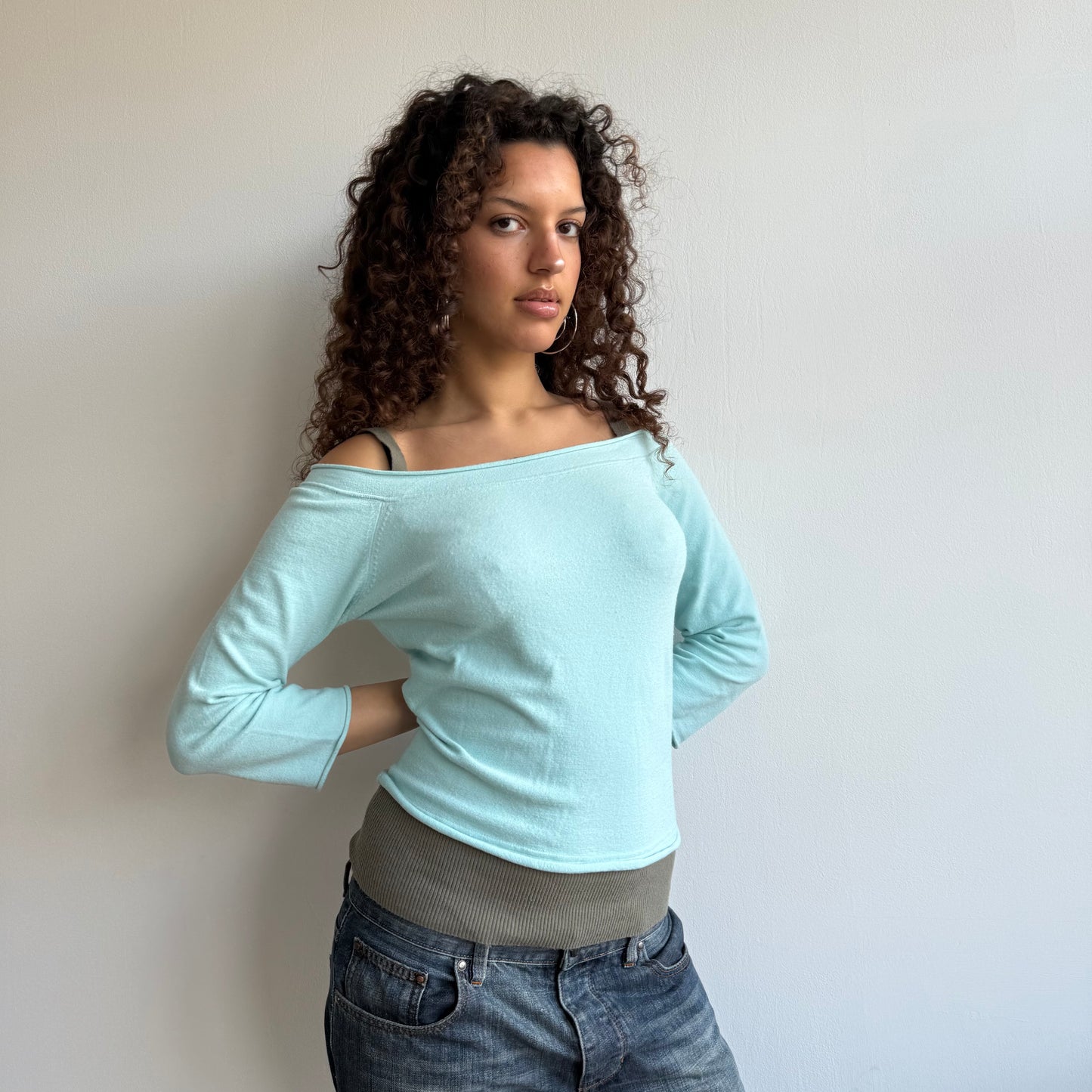 Blue + brown double layer knit - Size S/M