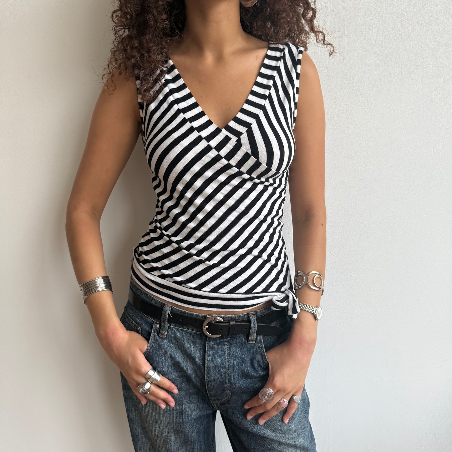 Black + white ballet wrap top - Size S/M