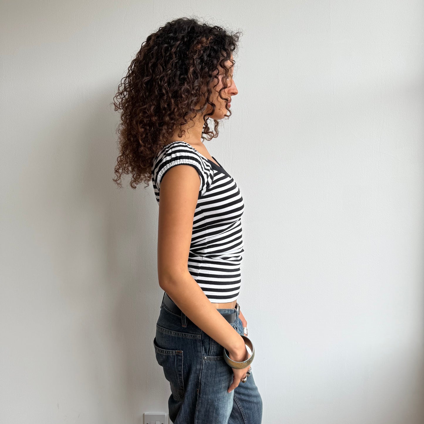 Black + white stripe button top - Size S , S/M + M