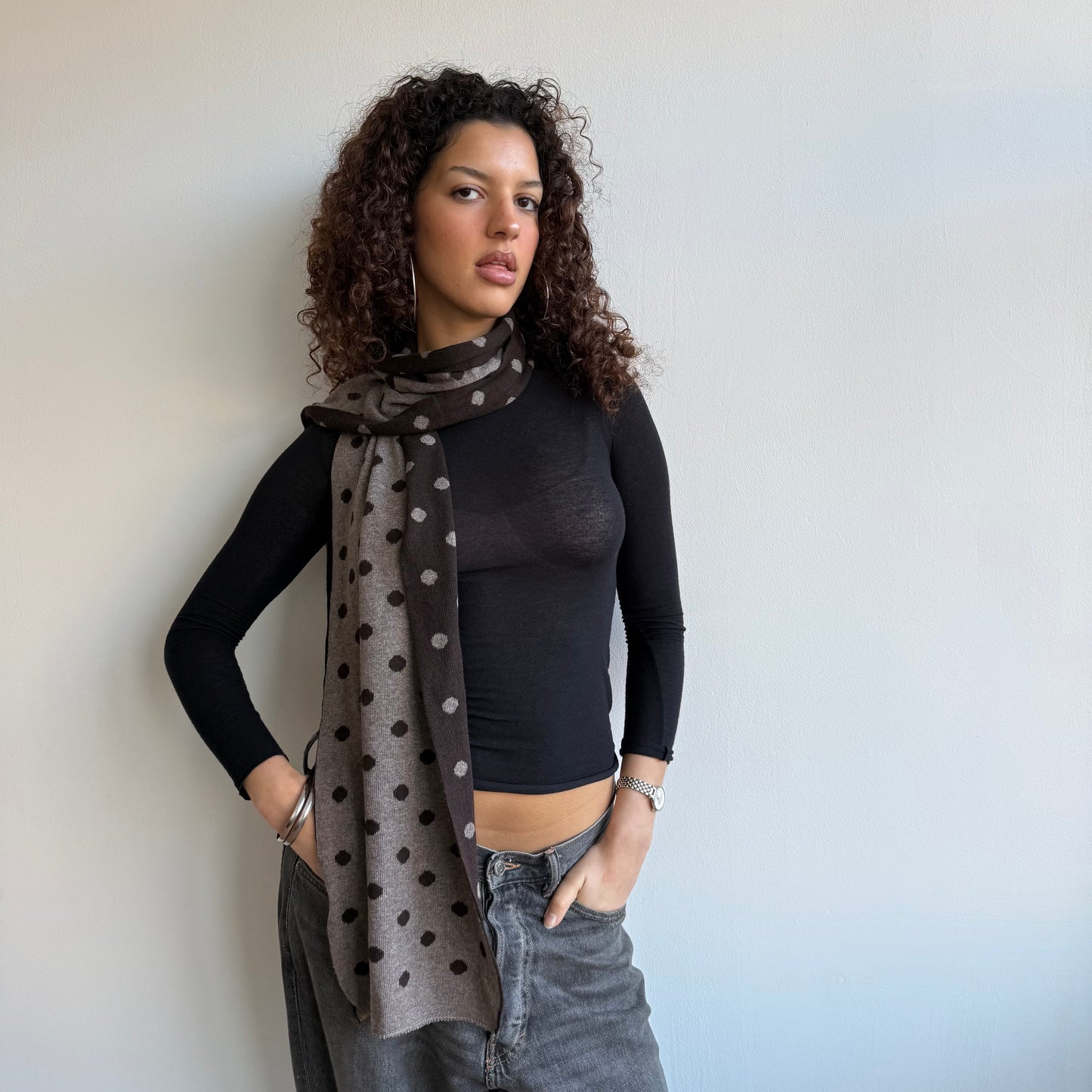 Brown polka dot reversible scarf