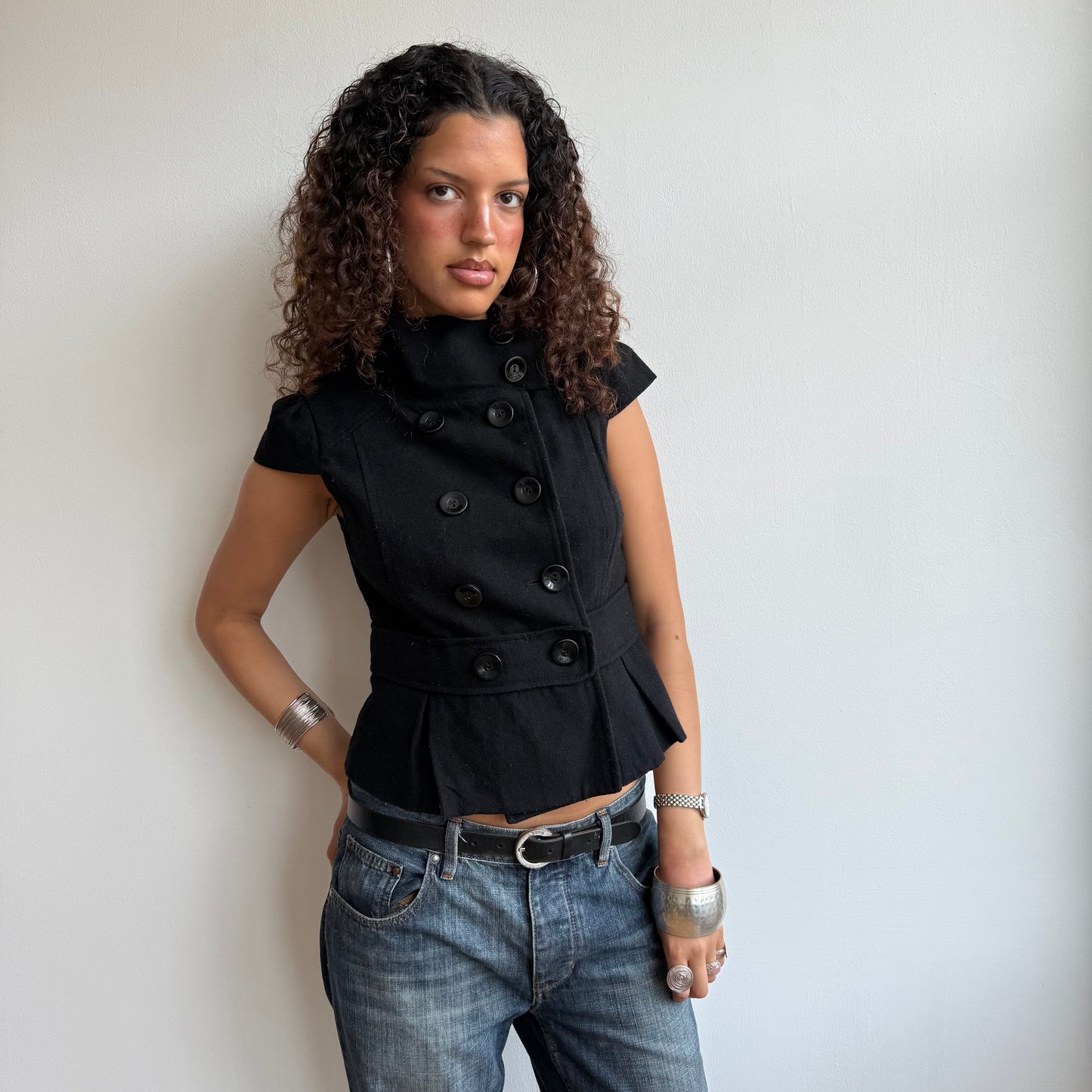 Black short sleeve bow peacoat - Size S/M