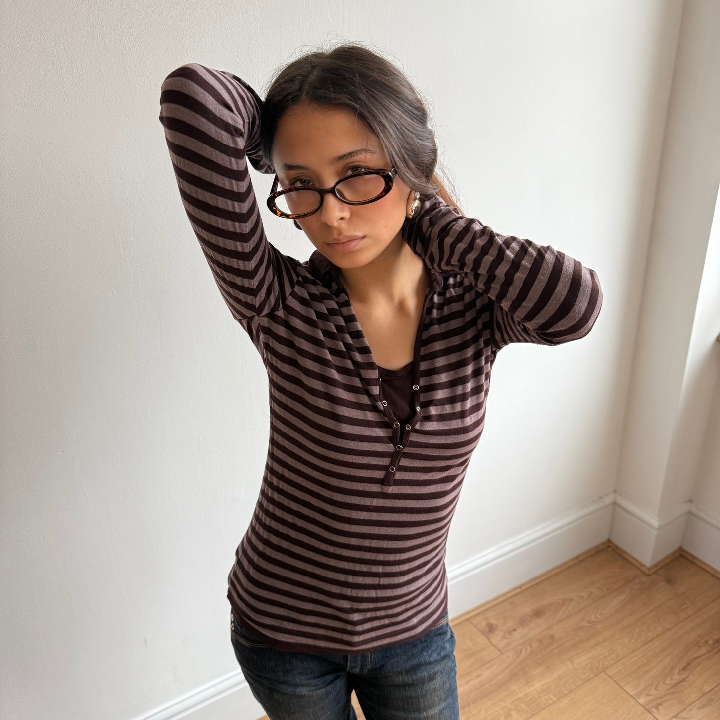 Brown stripe collar top - Size S
