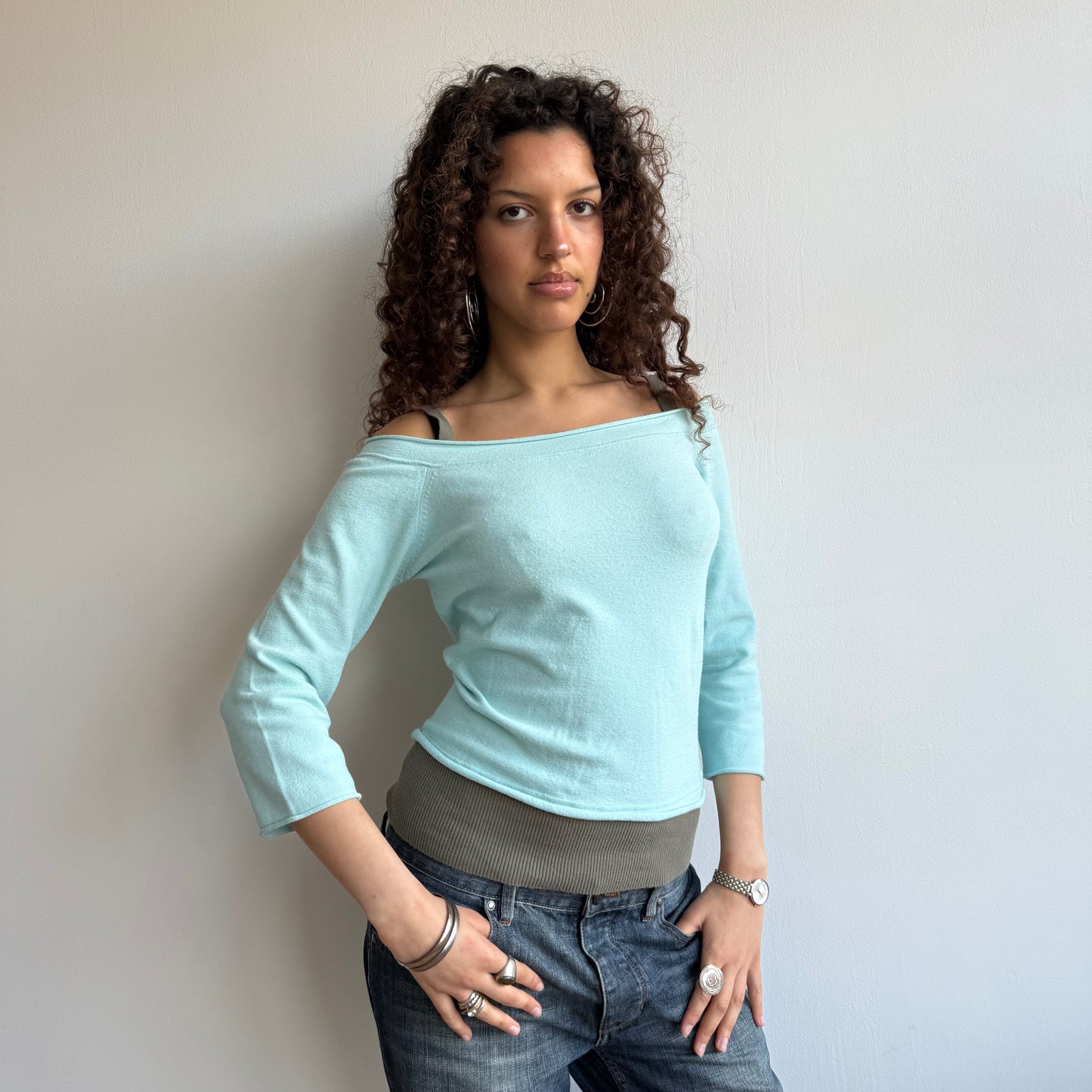 Blue + brown double layer knit - Size S/M