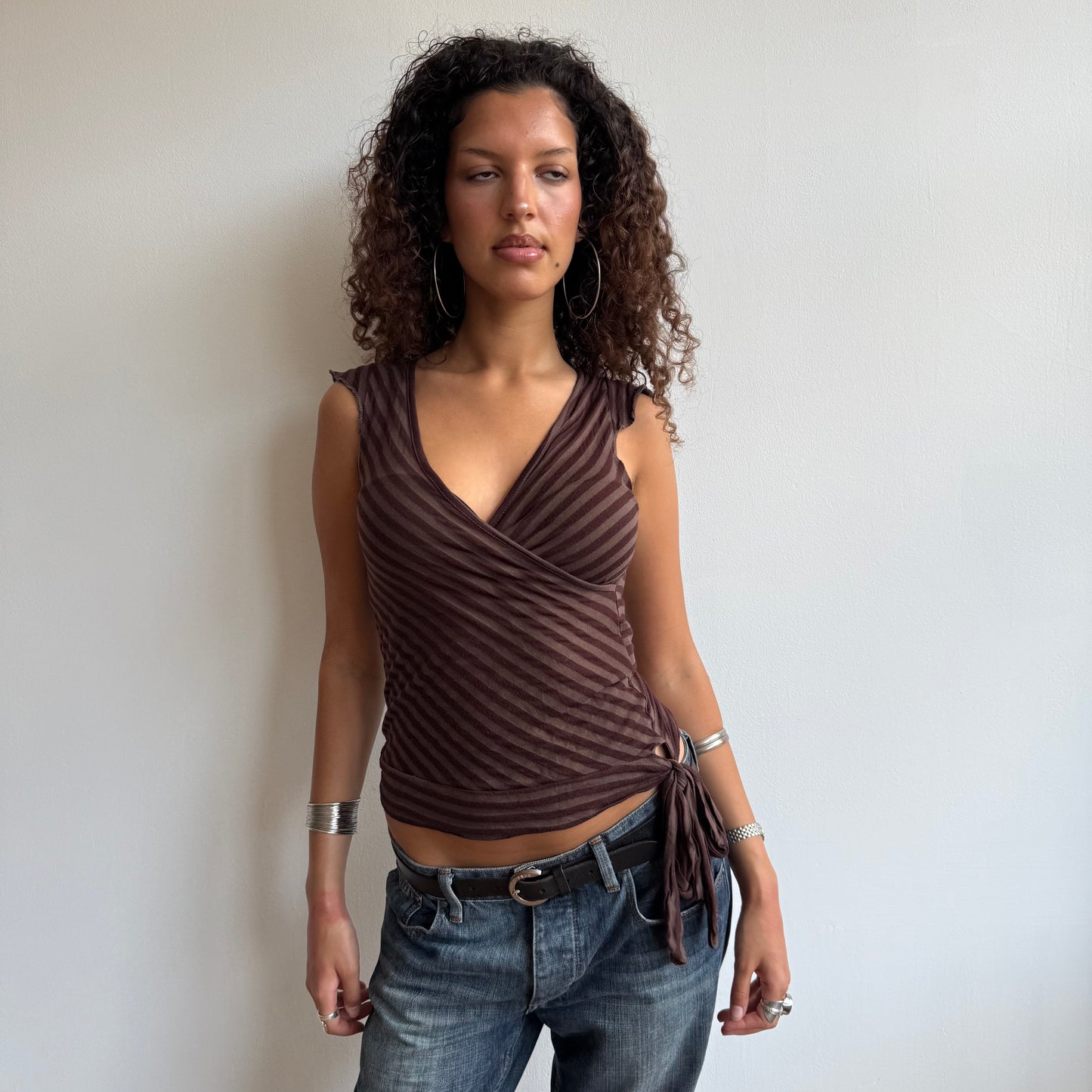 Brown wrap tie-side top - Size S/M
