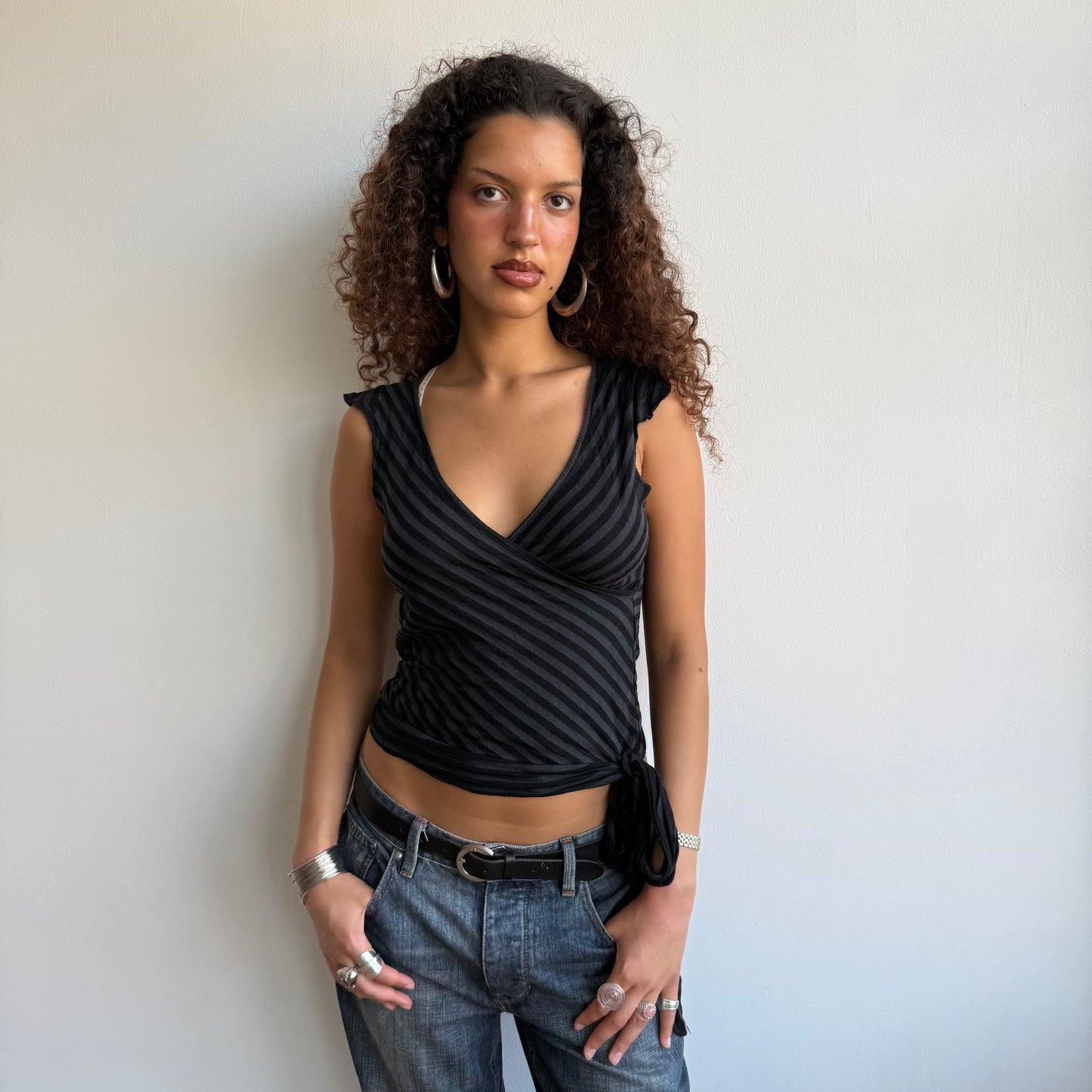 Black and grey striped wrap top - Size S