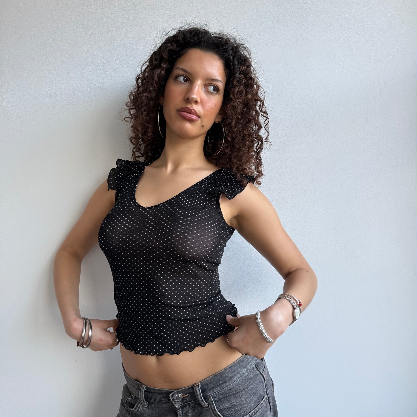 Black mesh polka dot top - Size XS