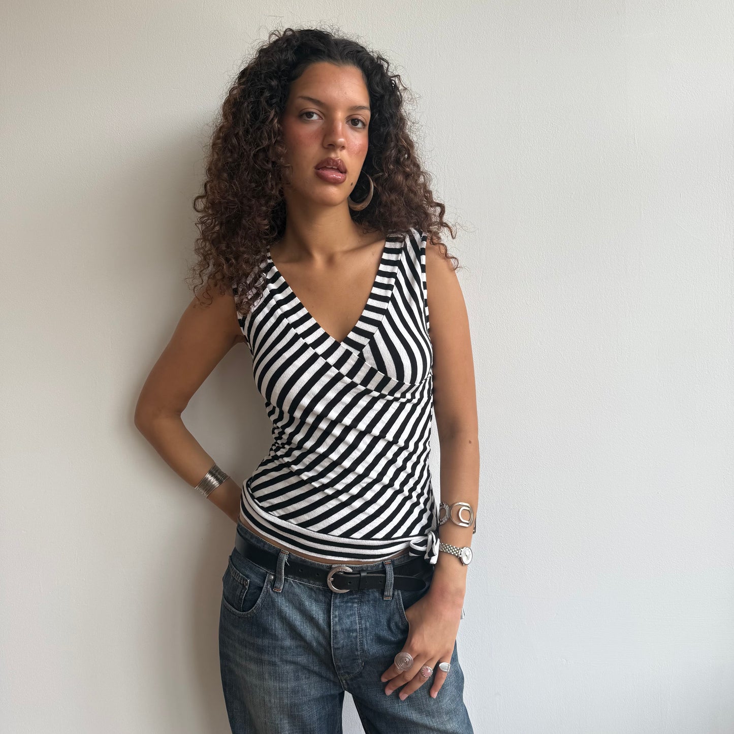 Black + white ballet wrap top - Size S/M