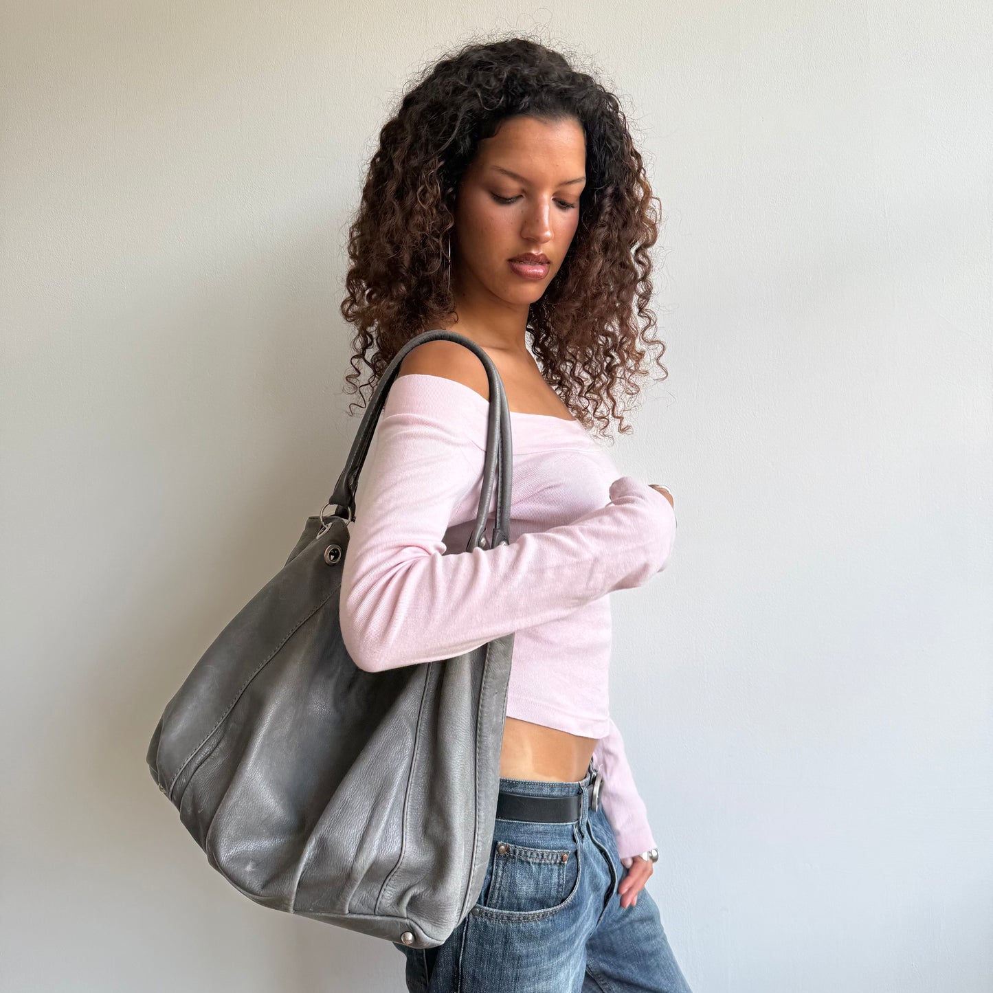 Grey leather slouchy bag