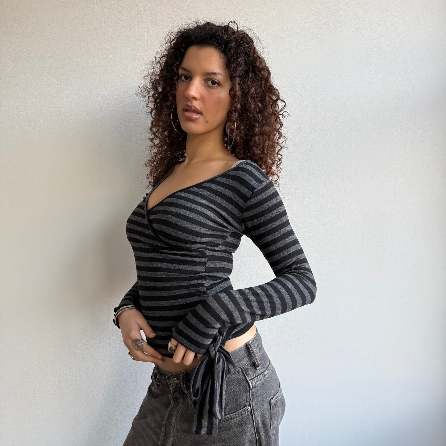 Black + grey striped wrap top - Size S