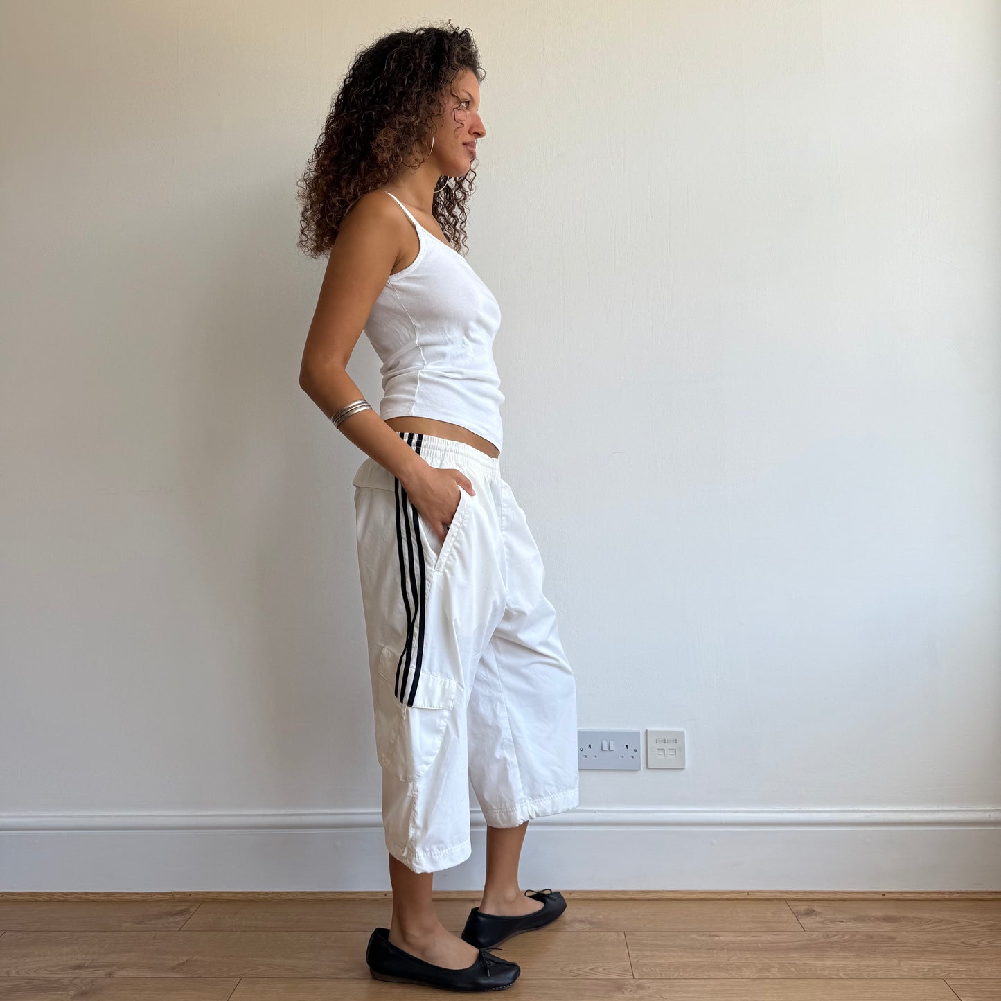 White Adidas cargo capris - Size S + M