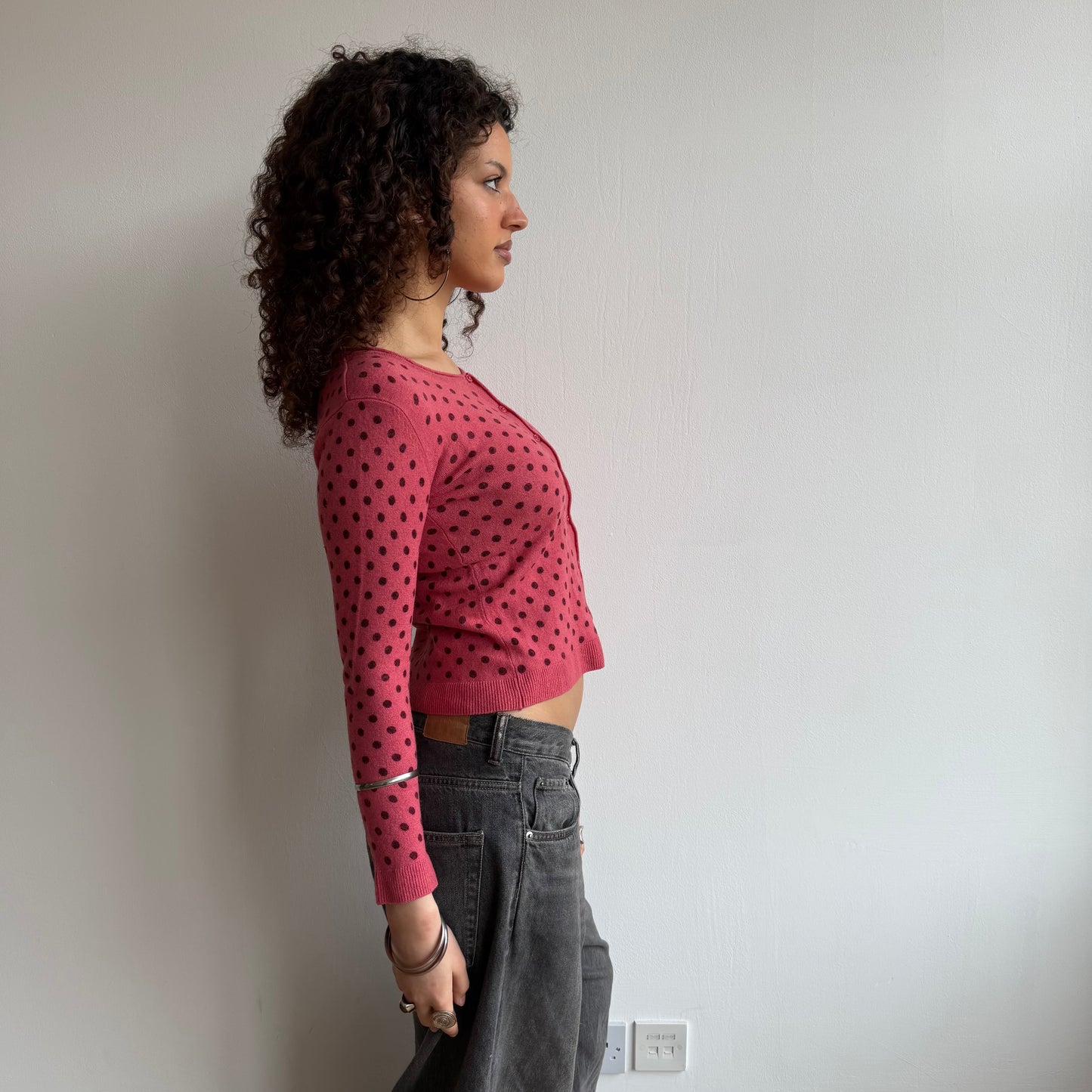 Fuschia polka dot cardi - Size S