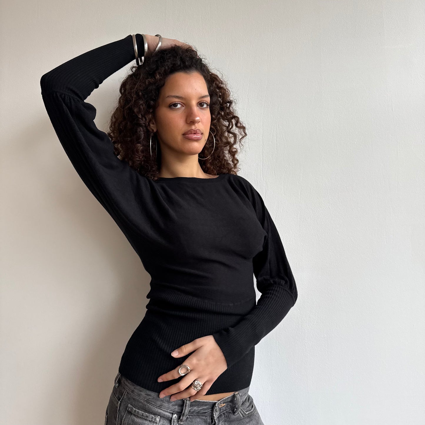 Black slouchy cinched jumper - Size XS + S