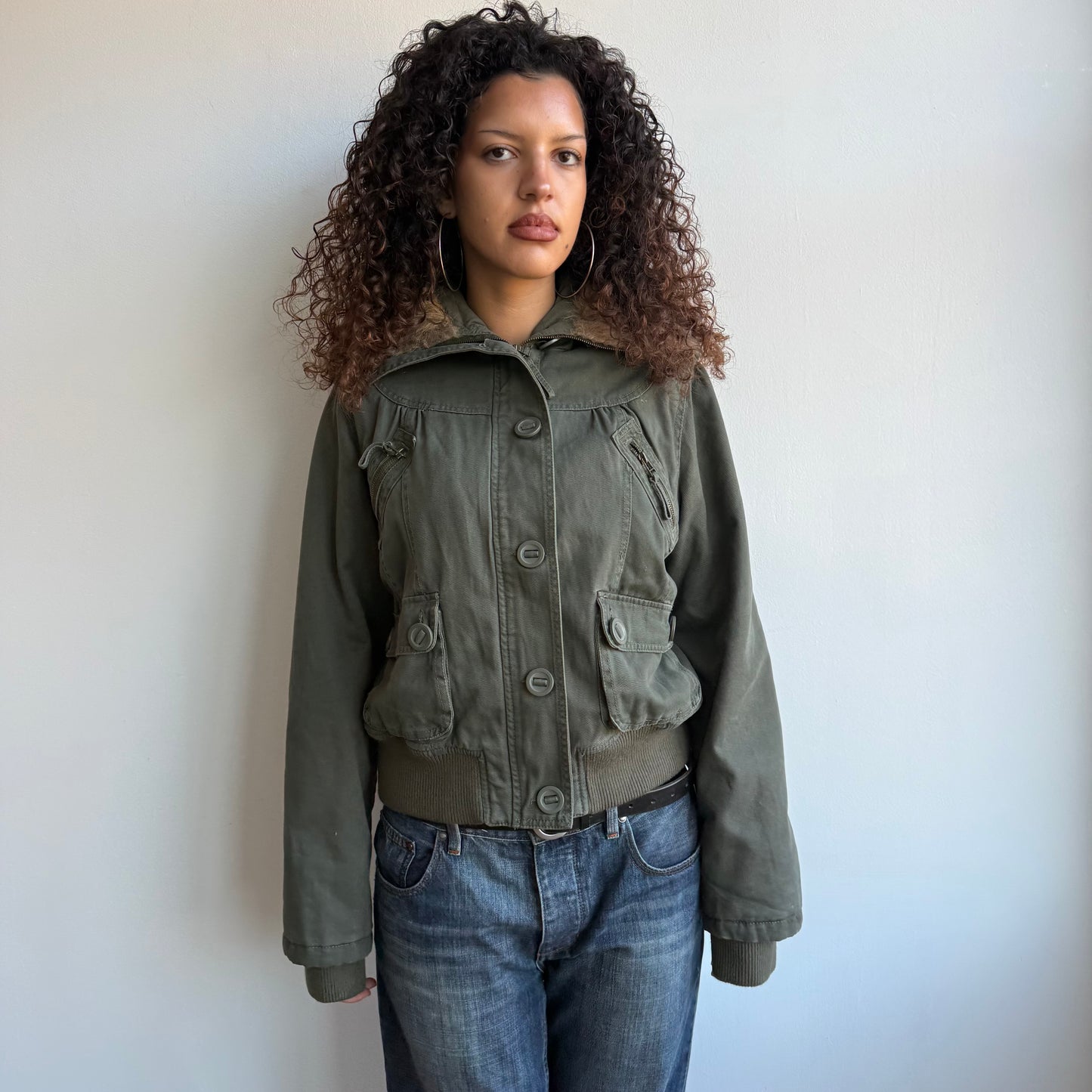 Khaki faux fur hood bomber - Size M