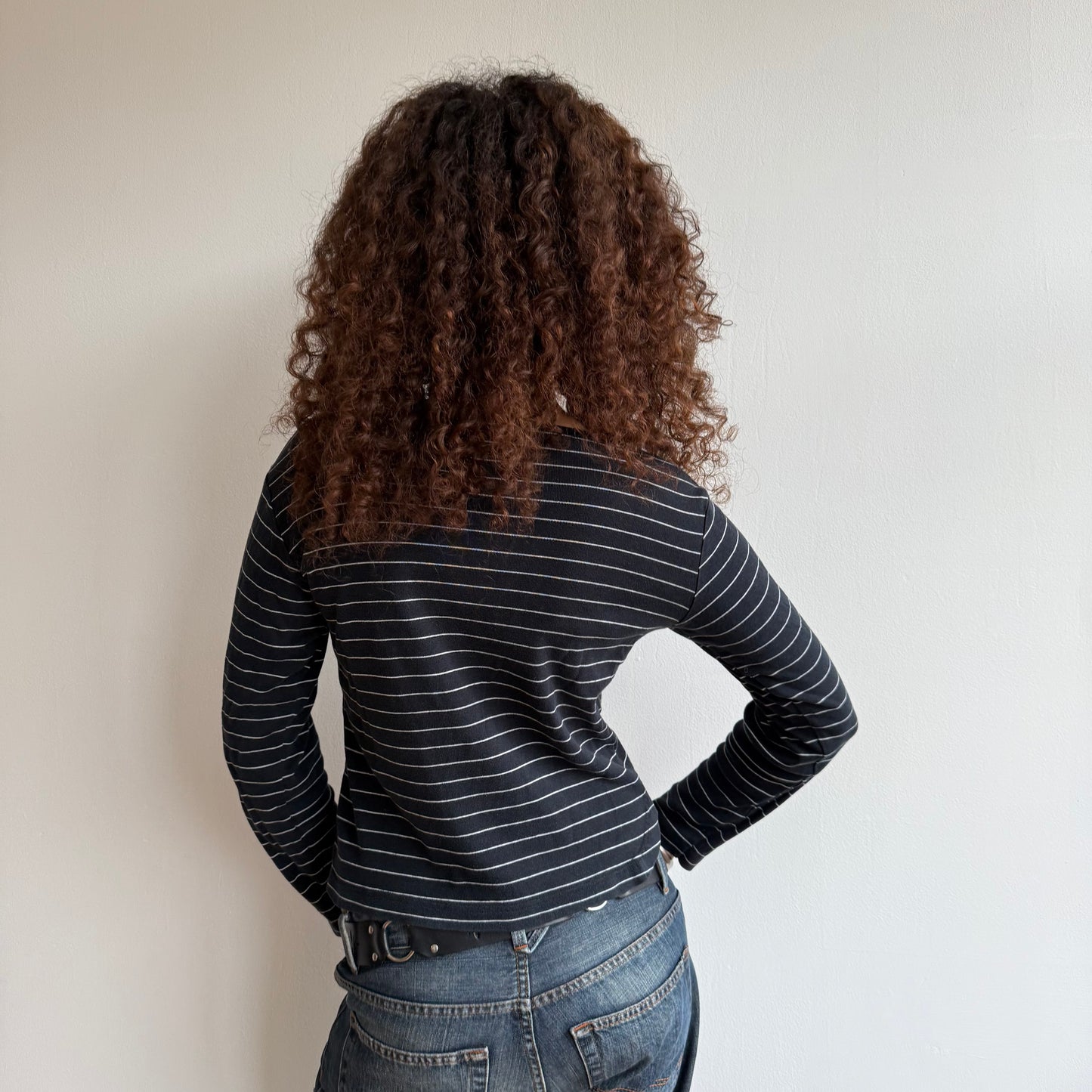 Navy + white striped long sleeve - Size S