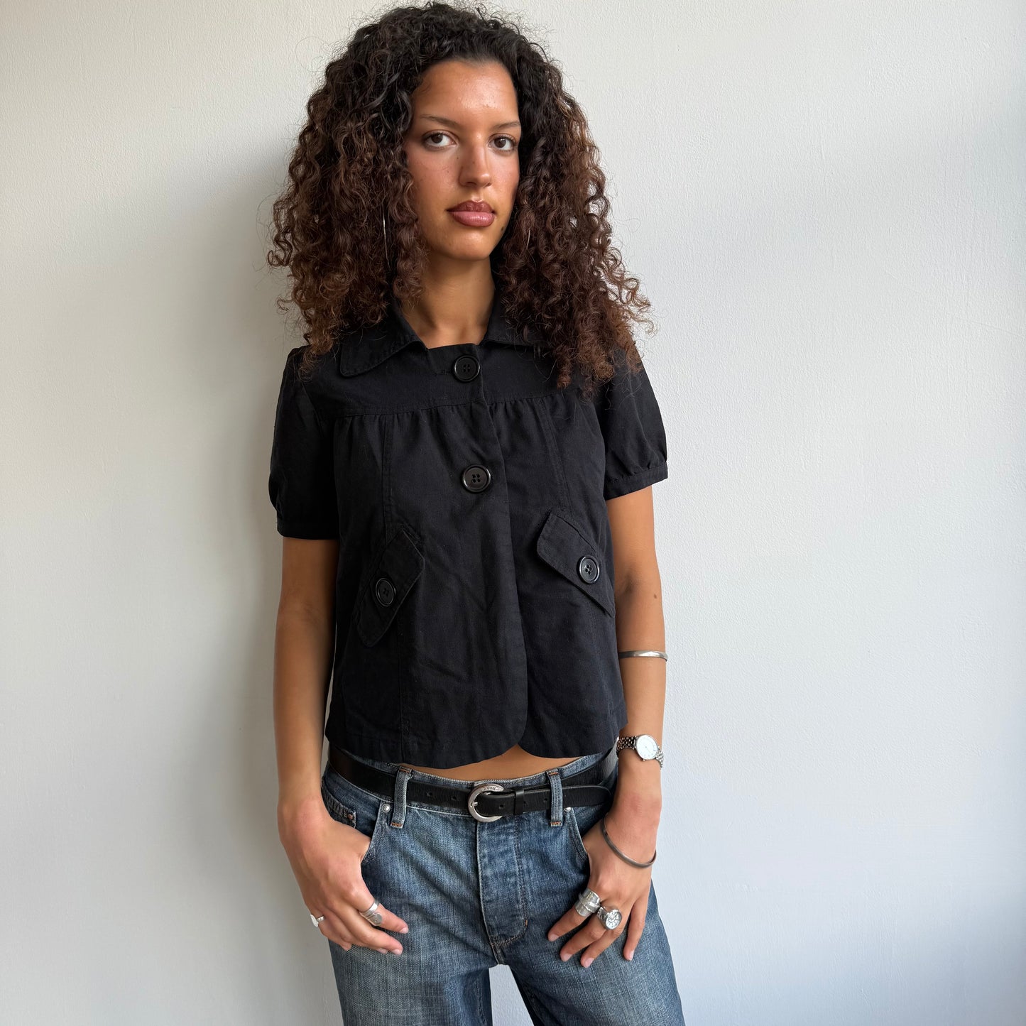 Black linen short sleeve peacoat - Size S/M