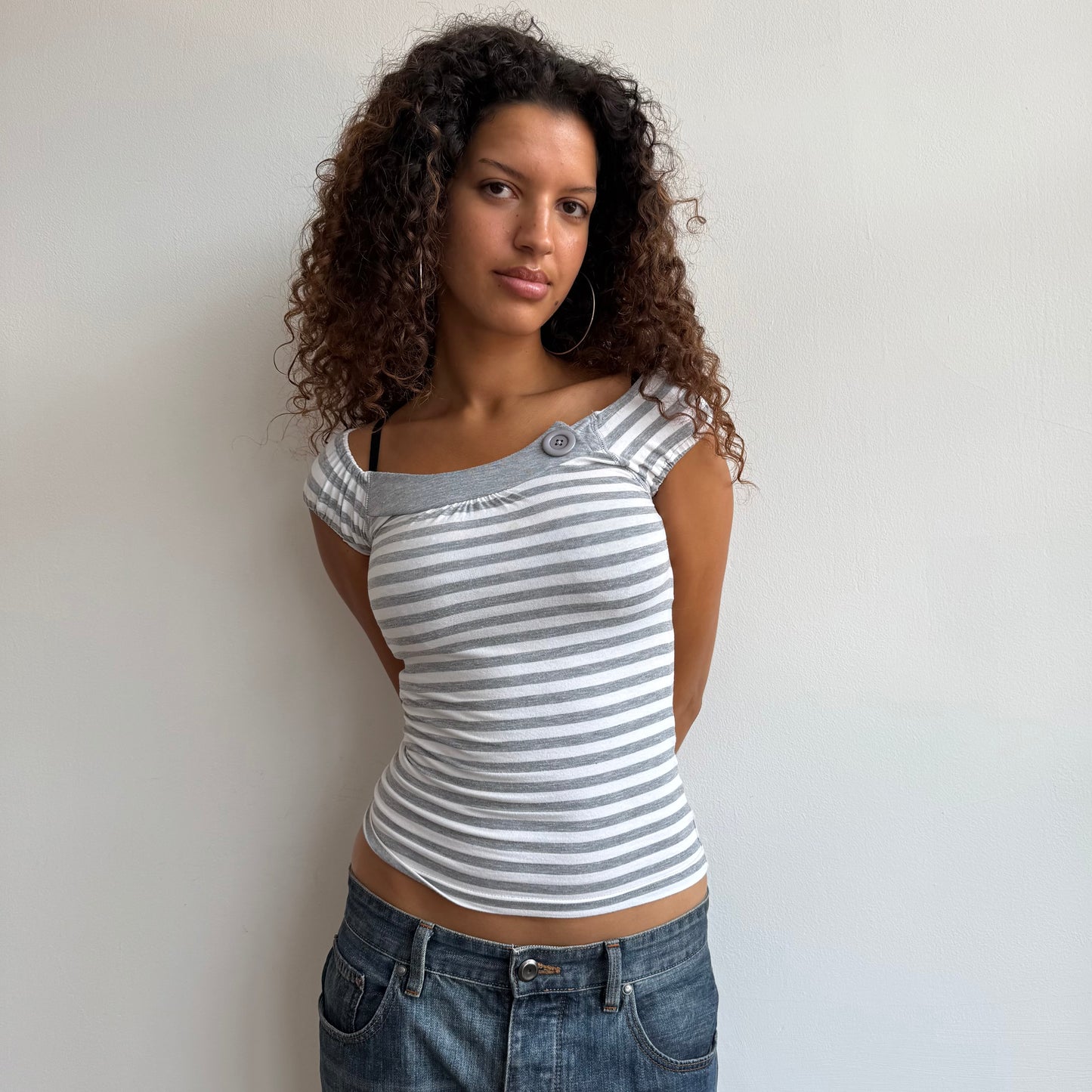 Grey stripe button top - Size XS