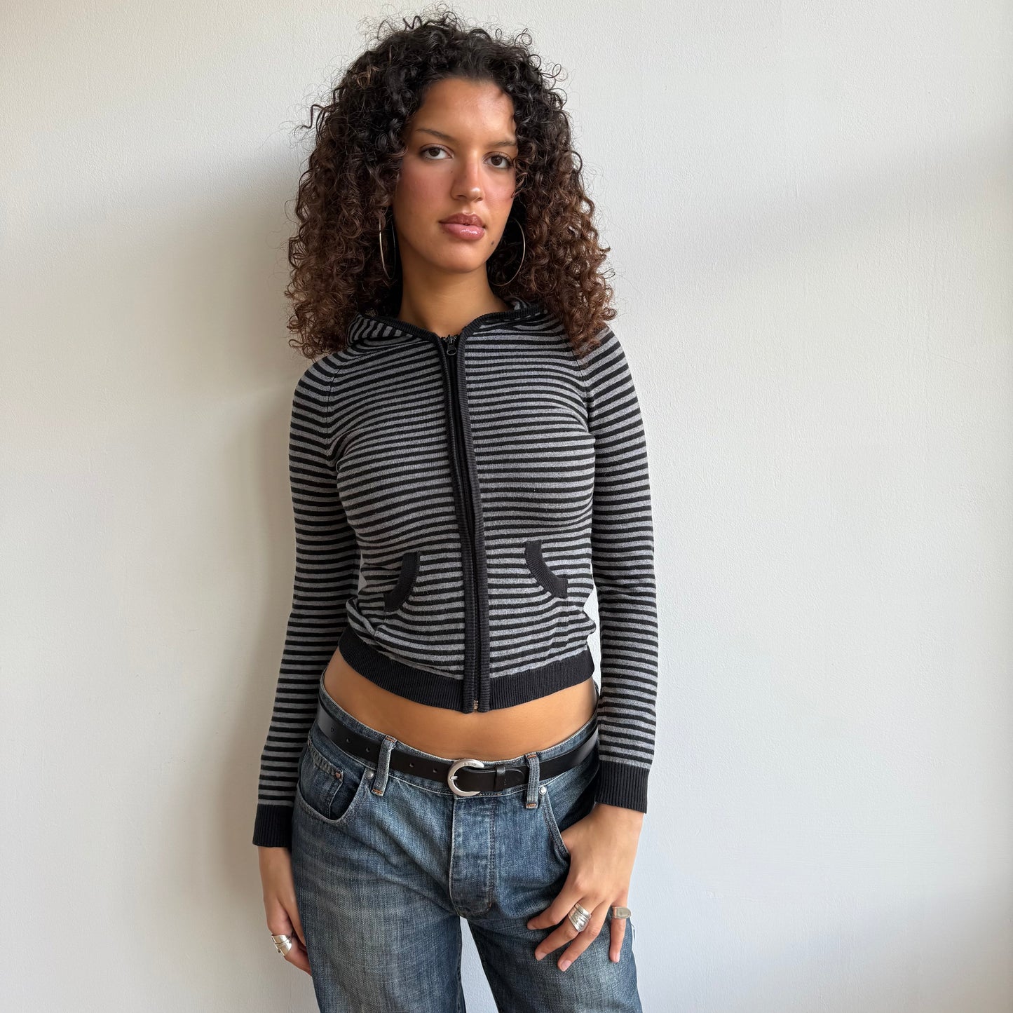 Grey and black striped hoodie - Size XXS + XS