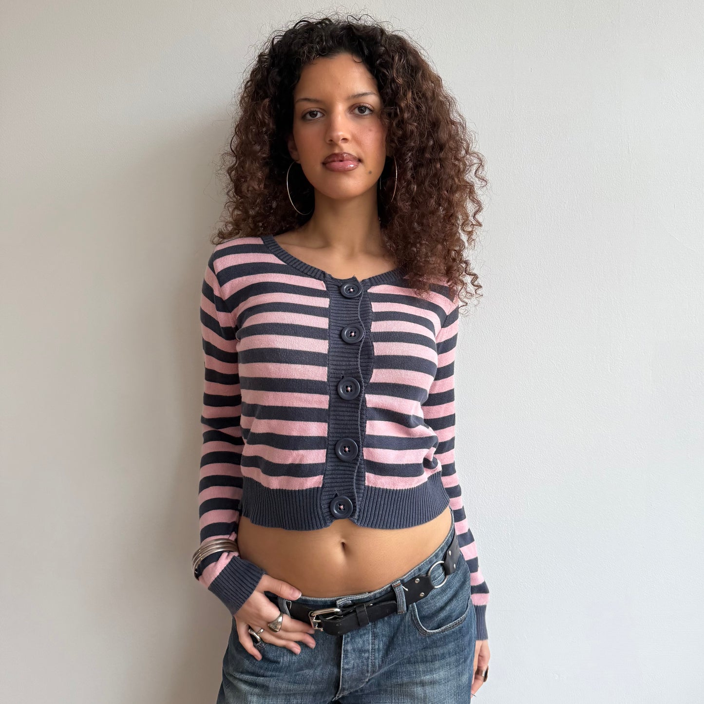 Pink + navy striped cardi - Size M