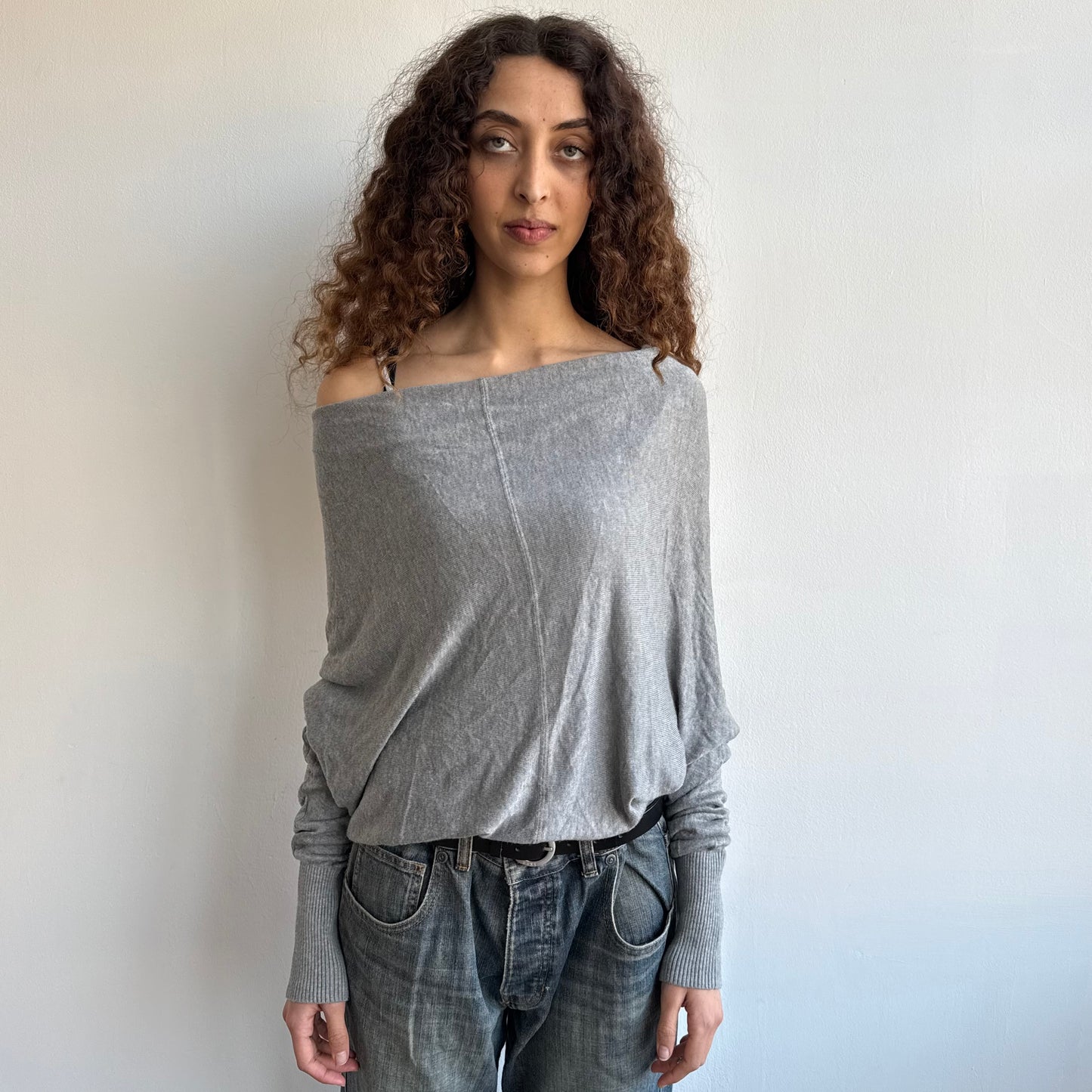Grey slouchy button batwing jumper - Size M